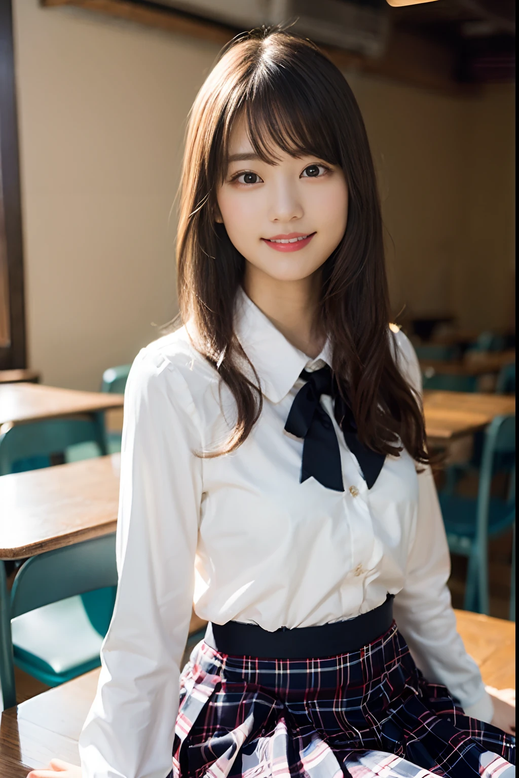 (8K、Raw photography、top-quality、​masterpiece:1.2)、(realisitic、Photorealsitic:1.37)、ultra-detailliert、超A high resolution、1人、sixteen years old、see the beholder、beautifull detailed face、A smile、Constriction、(Slim waist) :1.3)、Beautiful detailed skin、Skin Texture、Floating hair、Professional Lighting、Whole human body、Longhaire、A dark-haired、japanese hight school uniform、hi-school girl、(student clothes)、‎Classroom、shorth hair、University、Happy smile, (hyper pretty face:1.5),　Nogizaka4６、AKB48、(Plaid pleated skirt)、Beautiful legs、White blouse uniform、