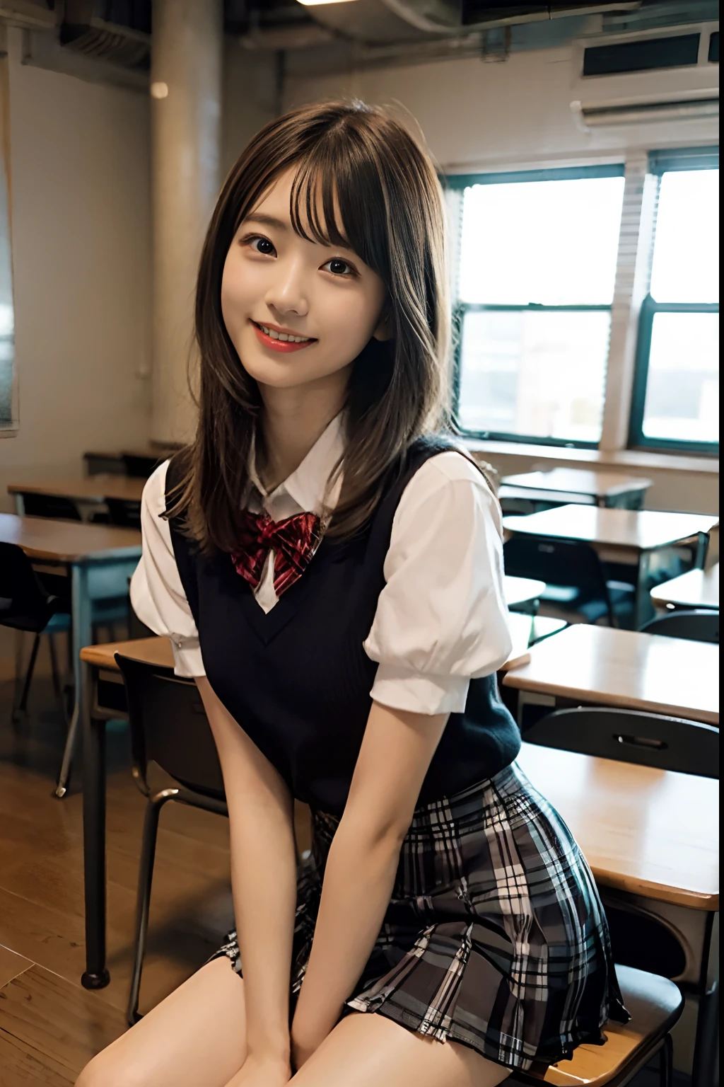 (8K、Raw photography、top-quality、masterpiece:1.2)、(realisitic、Photorealsitic:1.37)、ultra-detailliert、超A high resolution、女の子1人、、see the beholder、beautifull detailed face、A smile、Constriction、(Slim waist) :1.3)、Beautiful detailed skin、Skin Texture、Floating hair、Professional Lighting、Whole human body、Longhaire、A dark-haired、japanese hight school uniform、hi-school girl、(student clothes)、Classroom、shorth hair、University、Happy smile, (hyper pretty face:1.5), Nogizaka46、AKB48、(Plaid pleated skirt)、Beautiful legs、White blouse uniform、