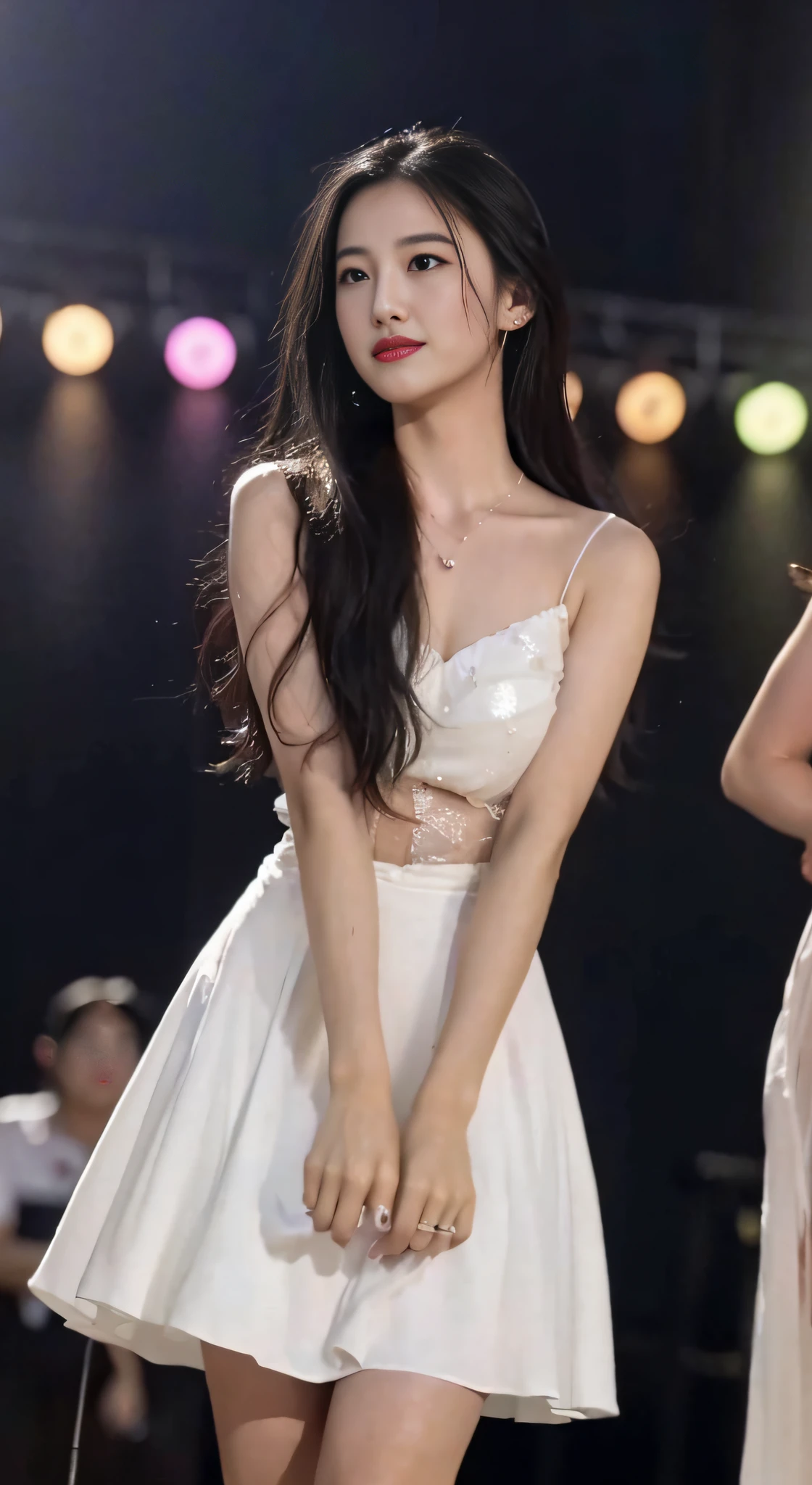 ,masutepiece, Best Quality,8K, 超A high resolution,Real Lights and Shadows,(beautidful eyes:1.1), Beautuful Women,The lights on the stage instantly softened.,A curtain of rain fell from all directions,Like a drizzle in fairyland,Slowly cover the entire stage。The idol singer wore a white dress,It's like turning into a spirit in the rain。A drizzle dripped onto her skin,crystal-clear,Pearly brilliance。She looked up,close your eyes slightly,Feel the rain sliding down your face。
The music started slowly,She pursed her red lips,Like a thread blown in the wind,Have a gentle singing voice。accompaniment,Her dance steps are light。She danced her arms,Gentle as a feather,Blowing water mist into the air,Form unique dance patterns。Raindrops condensed into a beautiful arc along her figure,It's like an ordinary star,Decorate the entire picturesque stage。
Her singing and dancing seem to melt into the rain,Draw the audience into the realm of beauty。Every dance brings breathtaking beauty,Every note is a person々Evokes the softest emotions in the mind of。The audience listened quietly,It's like being in a magical wonderland,Infected by her performance、shock,slowly。Holding the microphone in her hand、A smile。