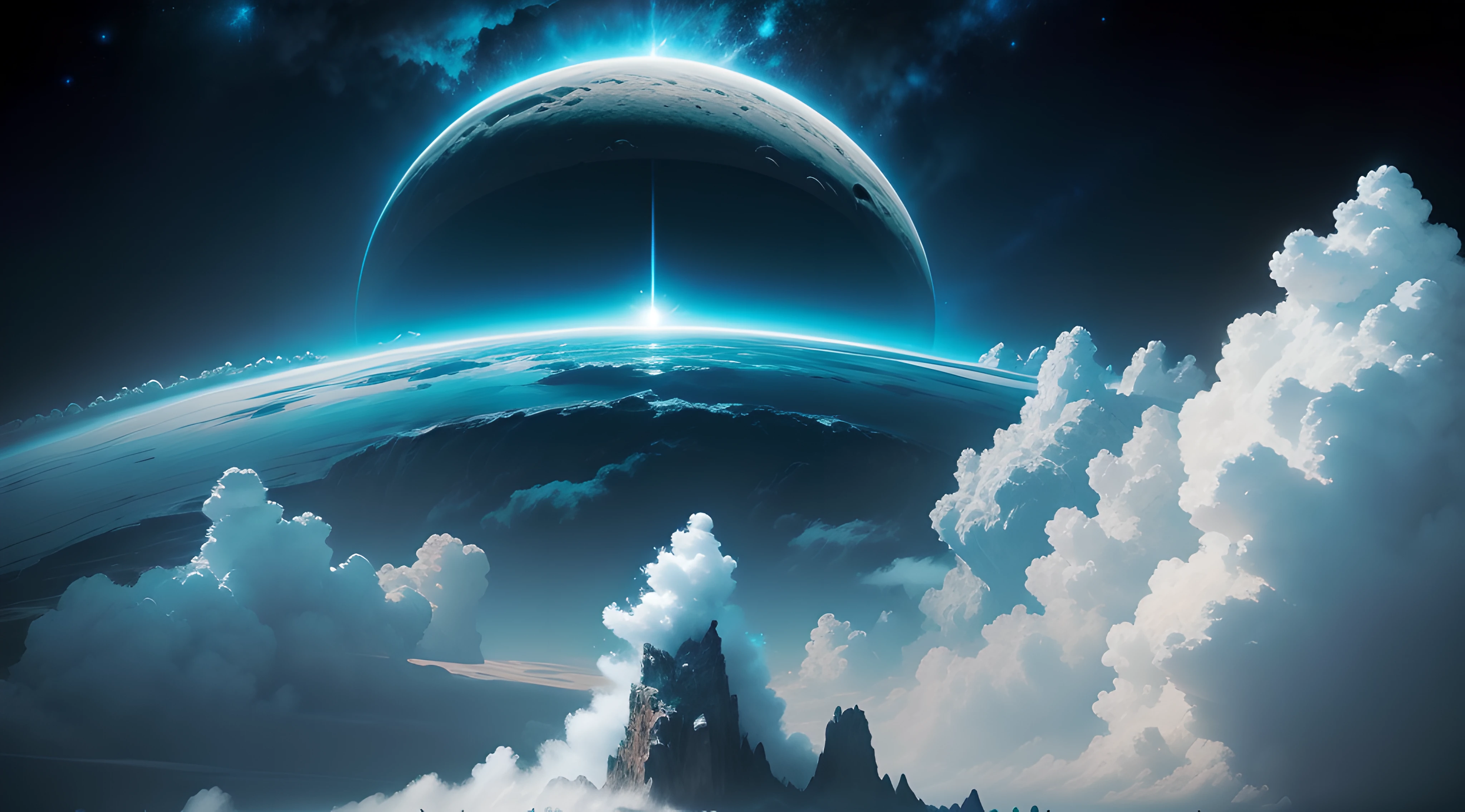 Infinite view from high up of the ocean with big clouds and huge floating rock structures. Giant planet in the sky. sci-fi