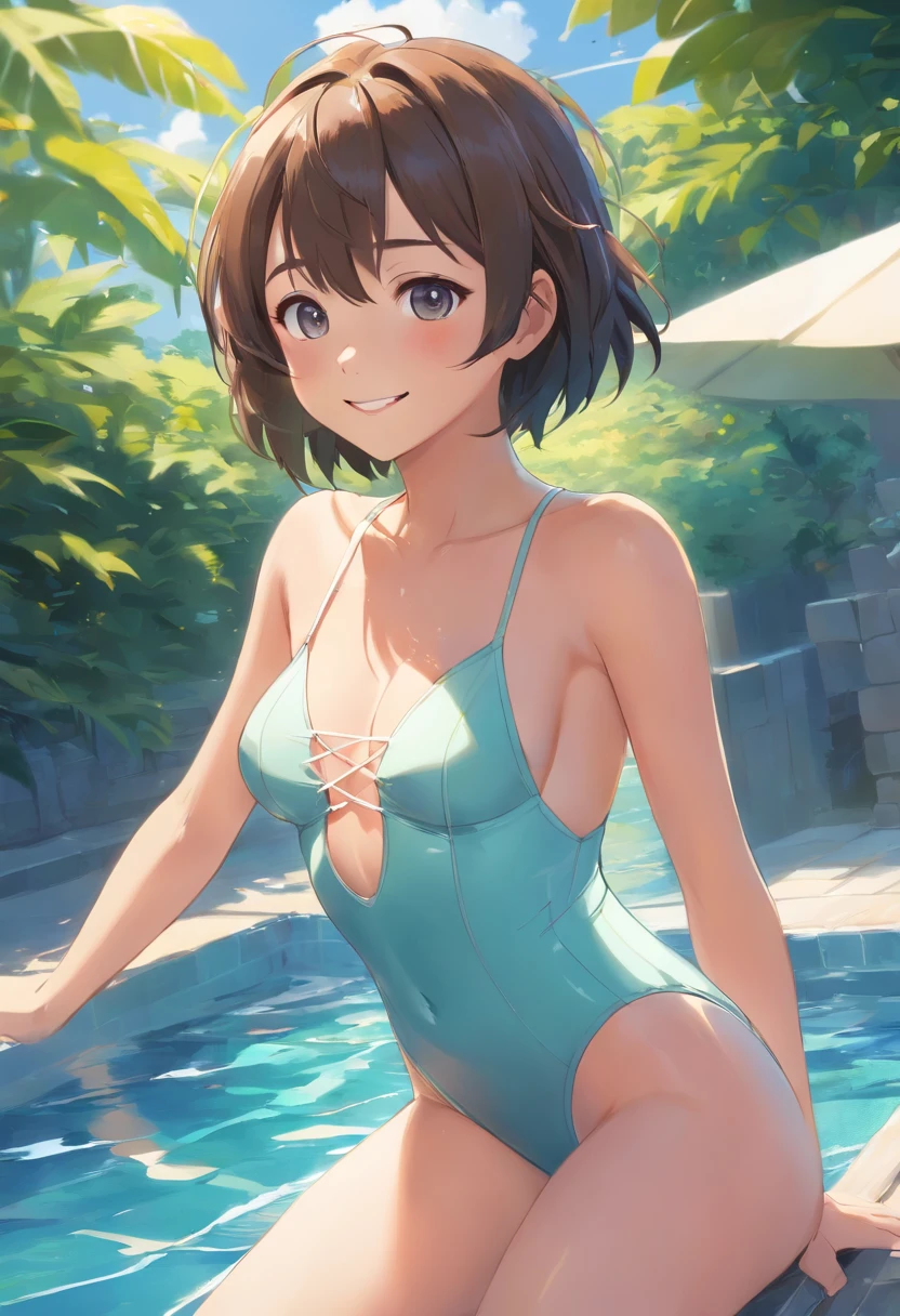realisticlying、17 year old girl、A little bigger chest、Wearing an off-white competition swimsuit、Smile、Background Swimming Boolean、Sexy Posing
