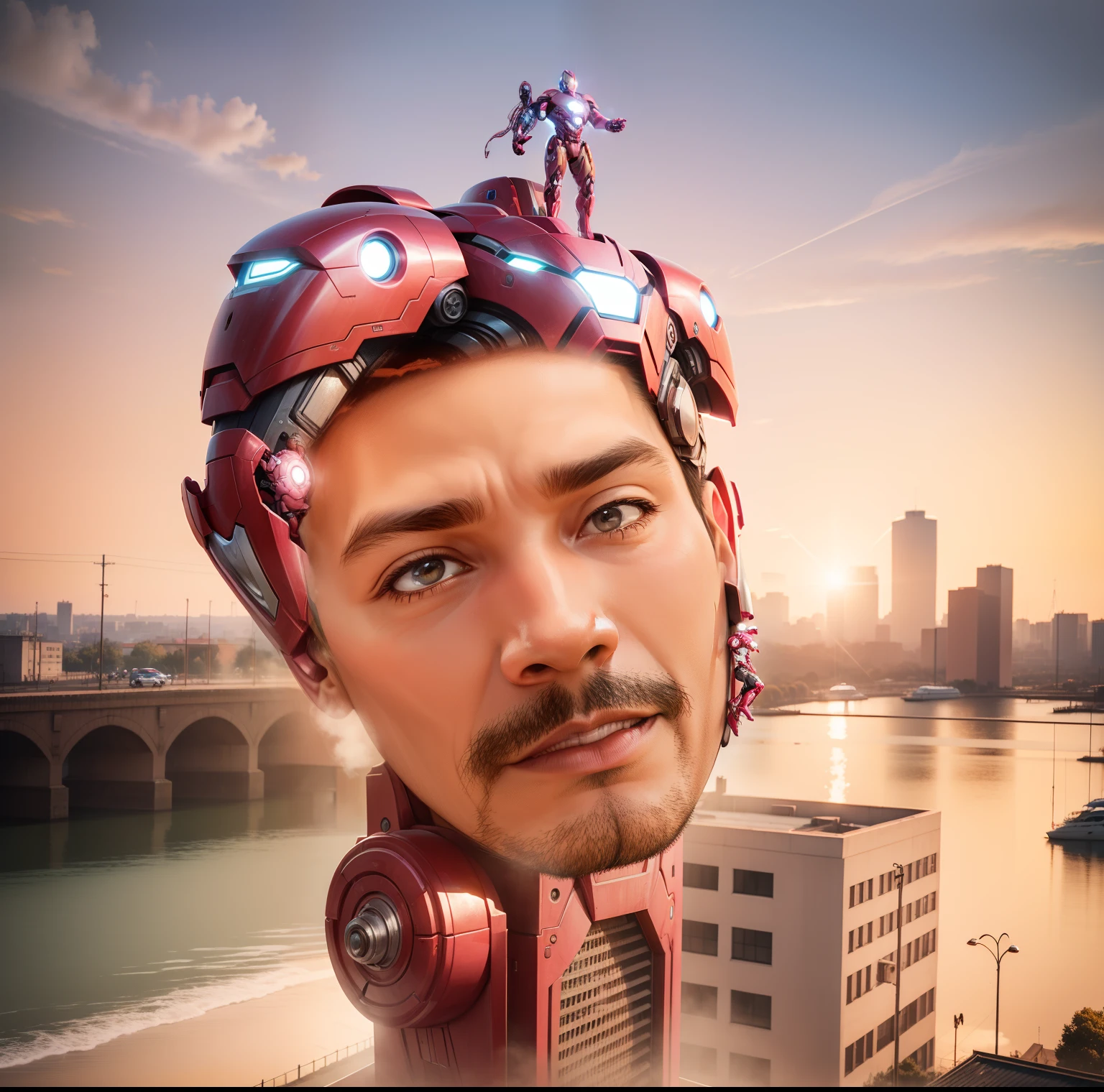 Pink Iron Man lifts a tall car standing in town.