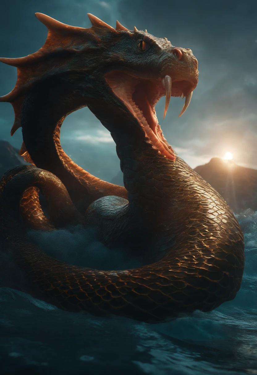 ((Norse Mythology sea serpent)), giant, long body, coral horns, shimmer scales, furious eyes, arise from the ocean abyss, bubble particle effect, cinematic lighting, Unreal Engine 5