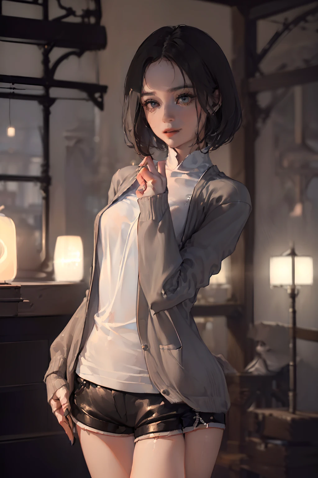 ((((Night Dance Studio)),((Female 24 years old)),((Best Quality:1.5)),(((Hands with the correct number and structure of fingers:1.4))),hight resolution,ultra-detailliert,masterpiece,best qualtiy,(Eight-headed body),Forehead、Straight short hair、Black hair, long eyeslashes, Solid Circle Eyes, A smile、makeup, , Atmospheric perspective,Super Detail, ccurate, small brest,(Grey Long Cardigan、white t-shirts、Black leather shorts),beauty legs、long legged、top-quality, blurry backround, bokeh dof:1.2, (masterpiece:1.3), Atmospheric perspective,Super Detail,dynamic compositions,Dancing、((Smeat))、Picture through smartphone camera、Recording、