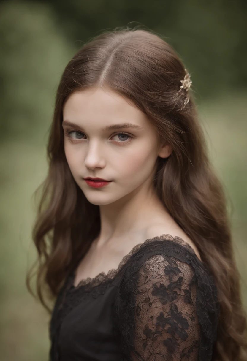 11 year old Western European vampire girl is a child model，Immature pointed face，Medium breast，Extremely thin low-cut lace top，The finest details，detailed skin textures，Photo shoot for professional fashion magazines