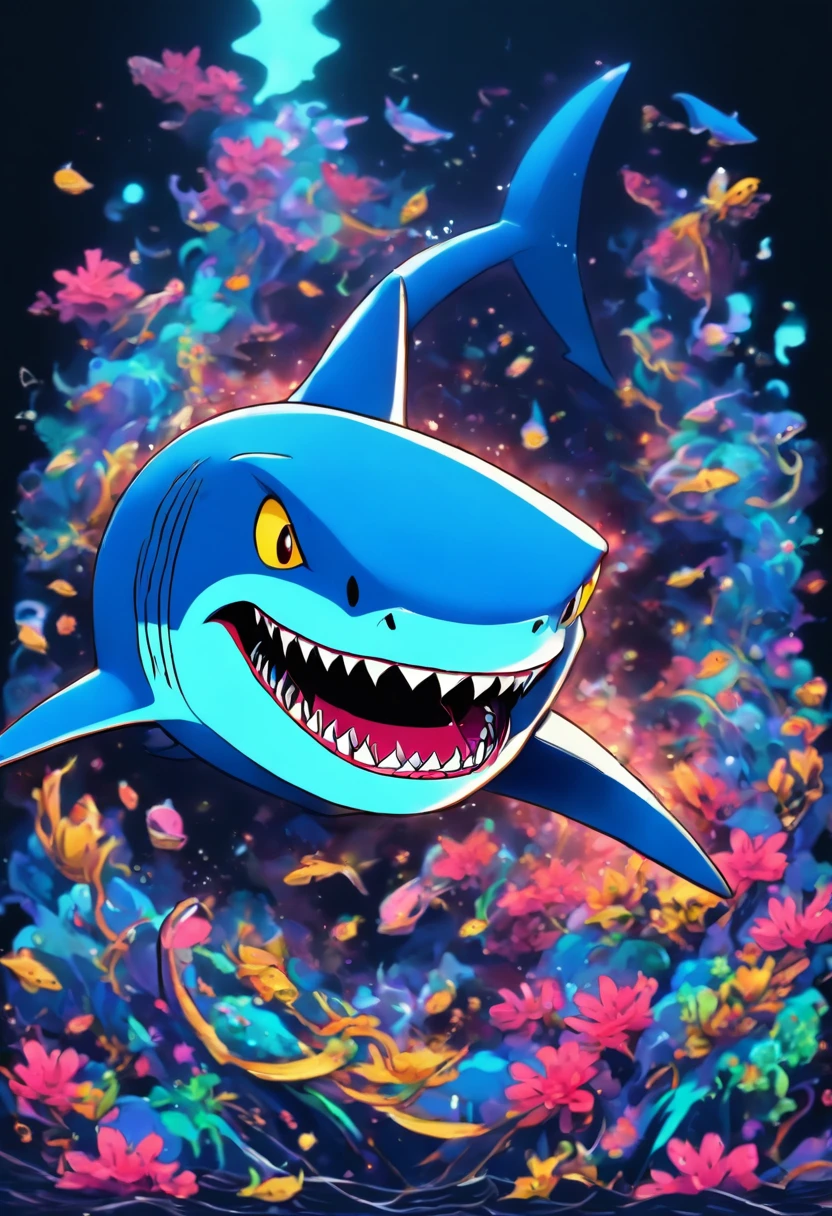 /imagine prompt: shark illustration for a sticker with a black background, in bold outline style, jagged edges, trashcore, light shading --v 5.2, manga style, clamp, card captor sakura,