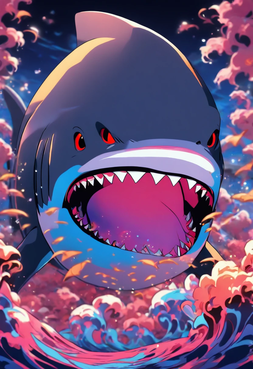 /imagine prompt: shark illustration for a sticker with a black background, in bold outline style, jagged edges, trashcore, light shading --v 5.2, manga style, clamp, card captor sakura,
