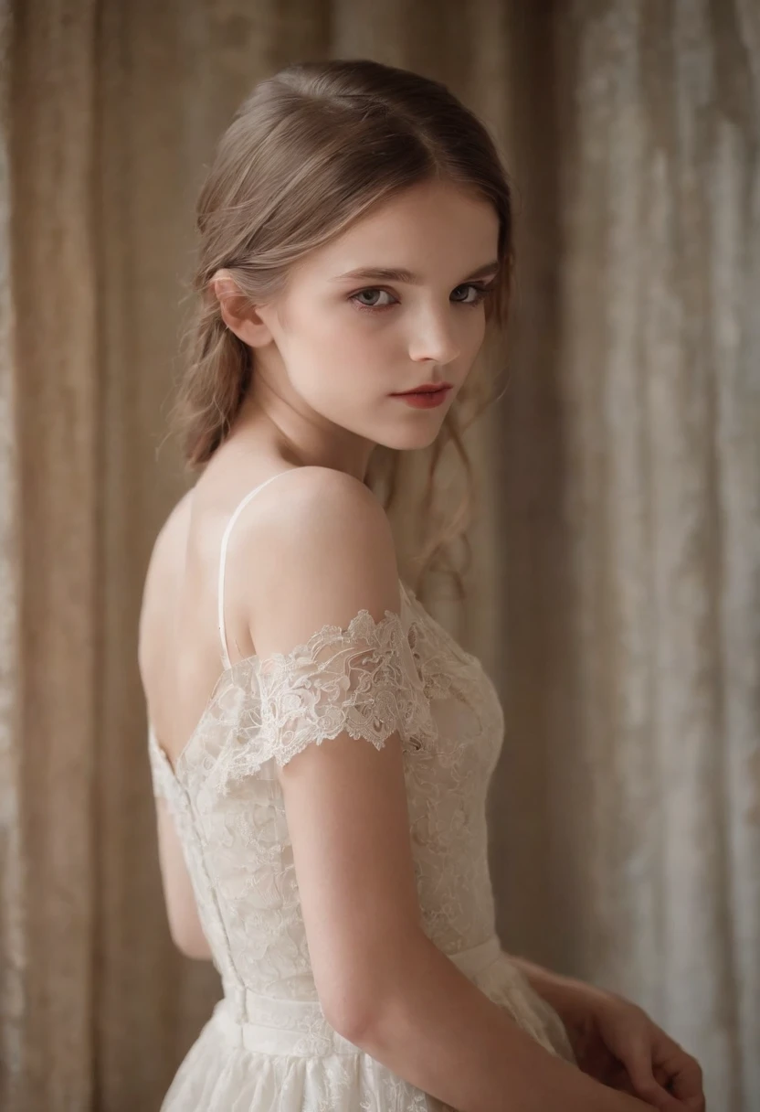 11 year old Western European vampire girl is a child model,Immature pointed face,Medium breast,Extremely thin low-cut lace top,The finest details,detailed skin textures,Photo shoot for professional fashion magazines