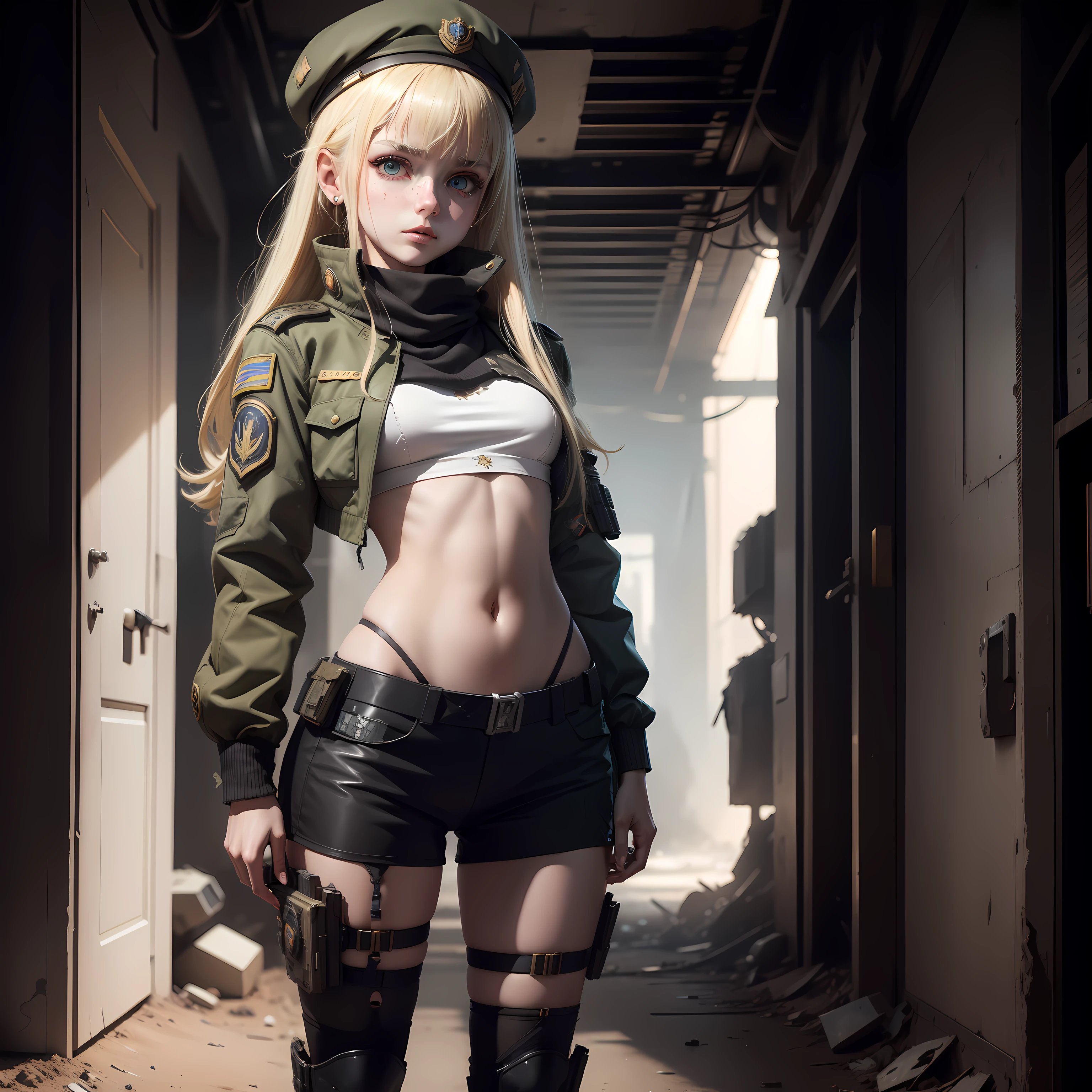 ukrainian girl , Ukrainian anime girls , , Ukraine , Full body composition of young girl with messy bright blonde hair, eye make up, , Soft lighting, Solo, Old torn dirty shabby futuristic military uniform, badges, Pose, Blotch color, Octane Render, Hyperrealistic intricate detail, Cinematic, 8K resolution, 70mm, Accent Lighting, Global Illumination, Full body portrait, clean detailed faces, intricate clothing, Cute face, flat chest, Slim waist, Slim legs, small hips,Special Forces Clothing,beret,Chest exposed,