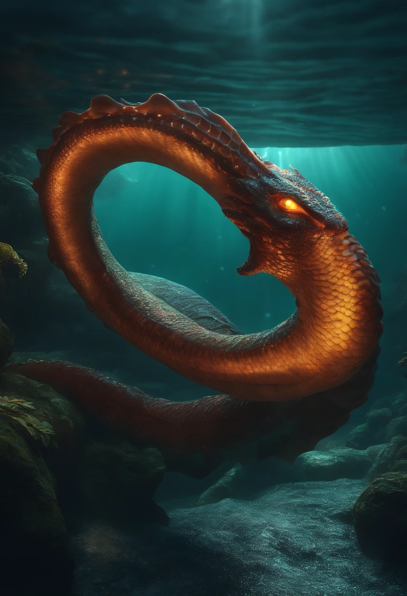 ((Norse Mythology sea serpent)), giant, long body, coral horns, shimmer scales, furious eyes, arise from the ocean abyss, bubble particle effect, cinematic lighting, Unreal Engine 5