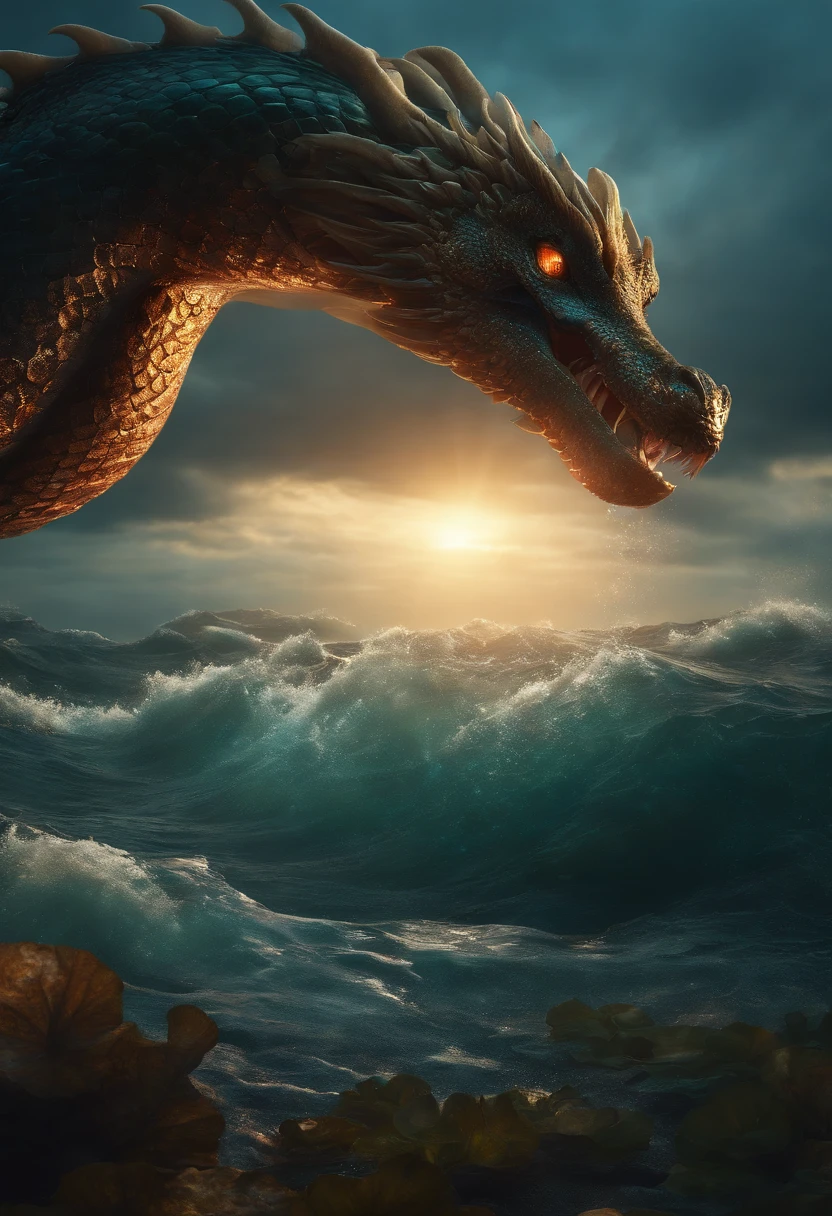 ((Norse Mythology sea serpent)), giant, long body, coral horns, shimmer scales, furious eyes, arise from the ocean abyss, bubble particle effect, cinematic lighting, Unreal Engine 5