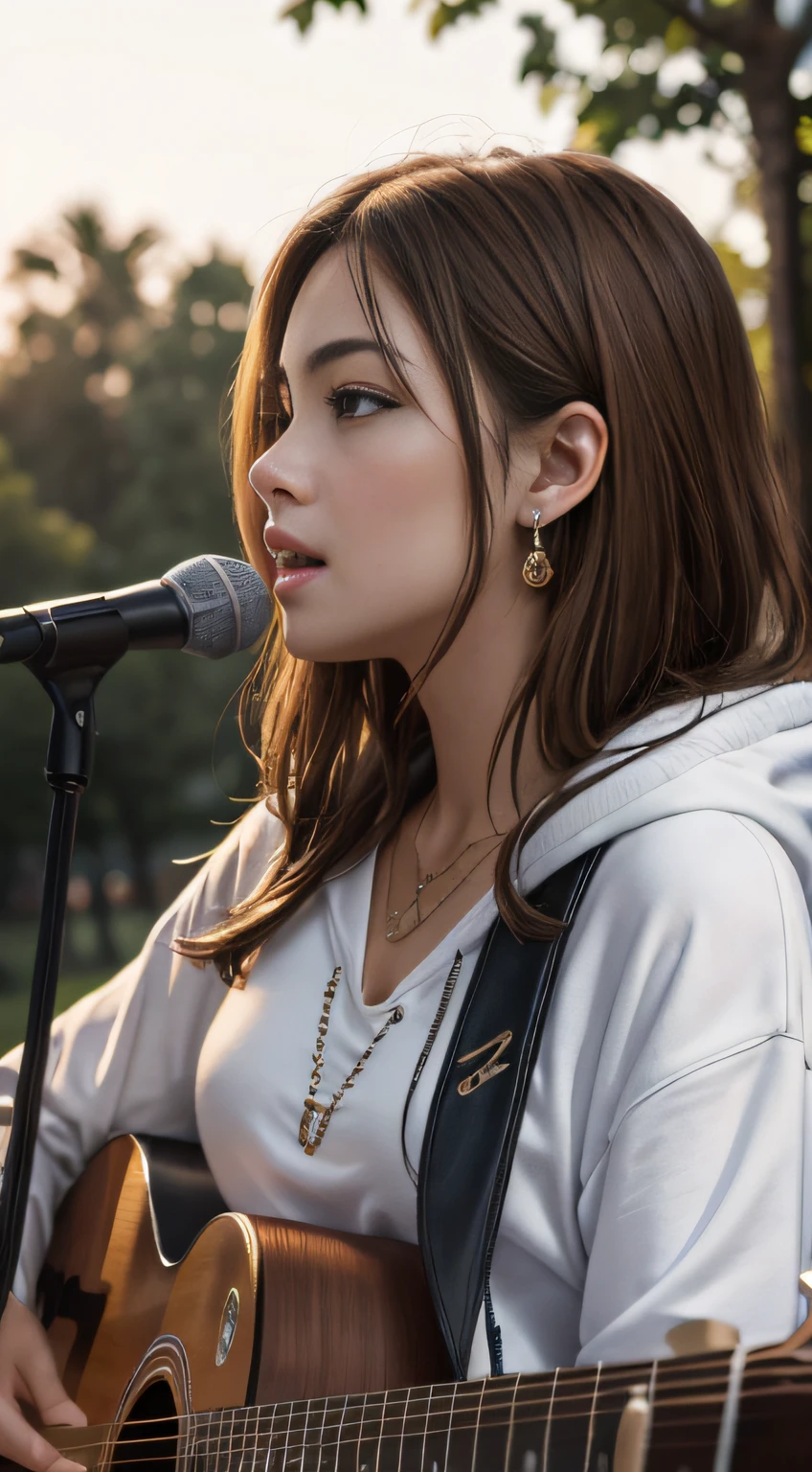 (Masterpiece:1.3, Best quality, Photorealistic, Ultra-detailed, finely detailed, high resolution, 8K wallpaper), 1 beautiful girl, Cute, Lead singer in a band group, White hoodies, Sing with an electric guitar, Standing microphone, Mouth open, Beautiful face, Detailed face, Beautiful eyes, Detailed eyes, Earrings, necklace, Detailed guitar, (Straight guitar neck and strings), Medium length light brown hair, In Park, late sunset, Close-up, Side view