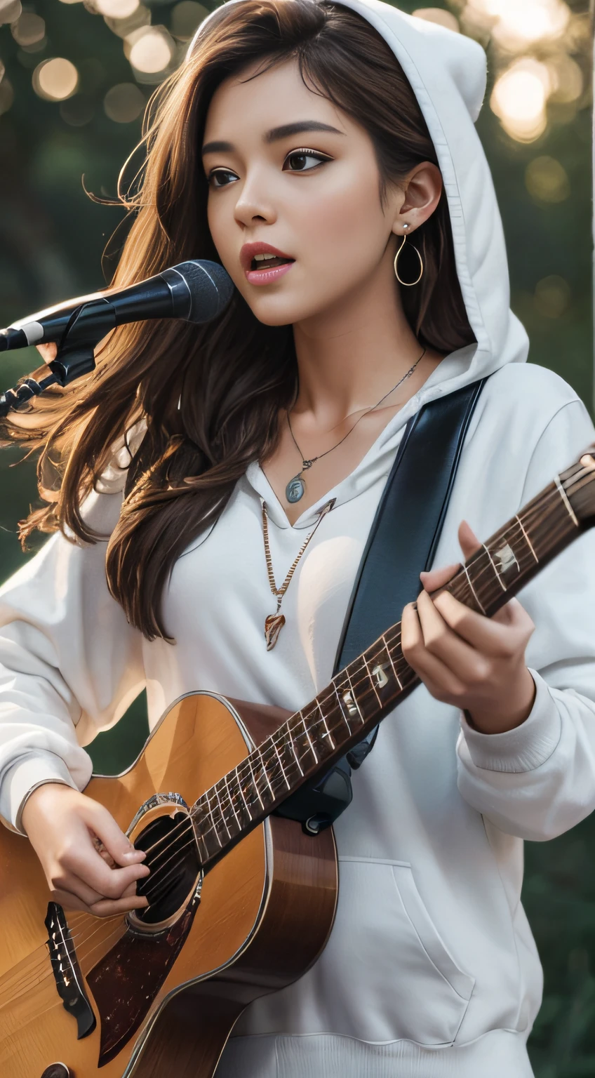 (Masterpiece:1.3, Best quality, Photorealistic, Ultra-detailed, finely detailed, high resolution, 8K wallpaper), 1 beautiful girl, Cute, Lead singer in a band group, White hoodies, Sing with an electric guitar, Standing microphone, Mouth open, Beautiful face, Detailed face, Beautiful eyes, Detailed eyes, Earrings, necklace, Detailed guitar, (Straight guitar neck and strings), Medium length light brown hair, In Park, late sunset, Close-up, Side view