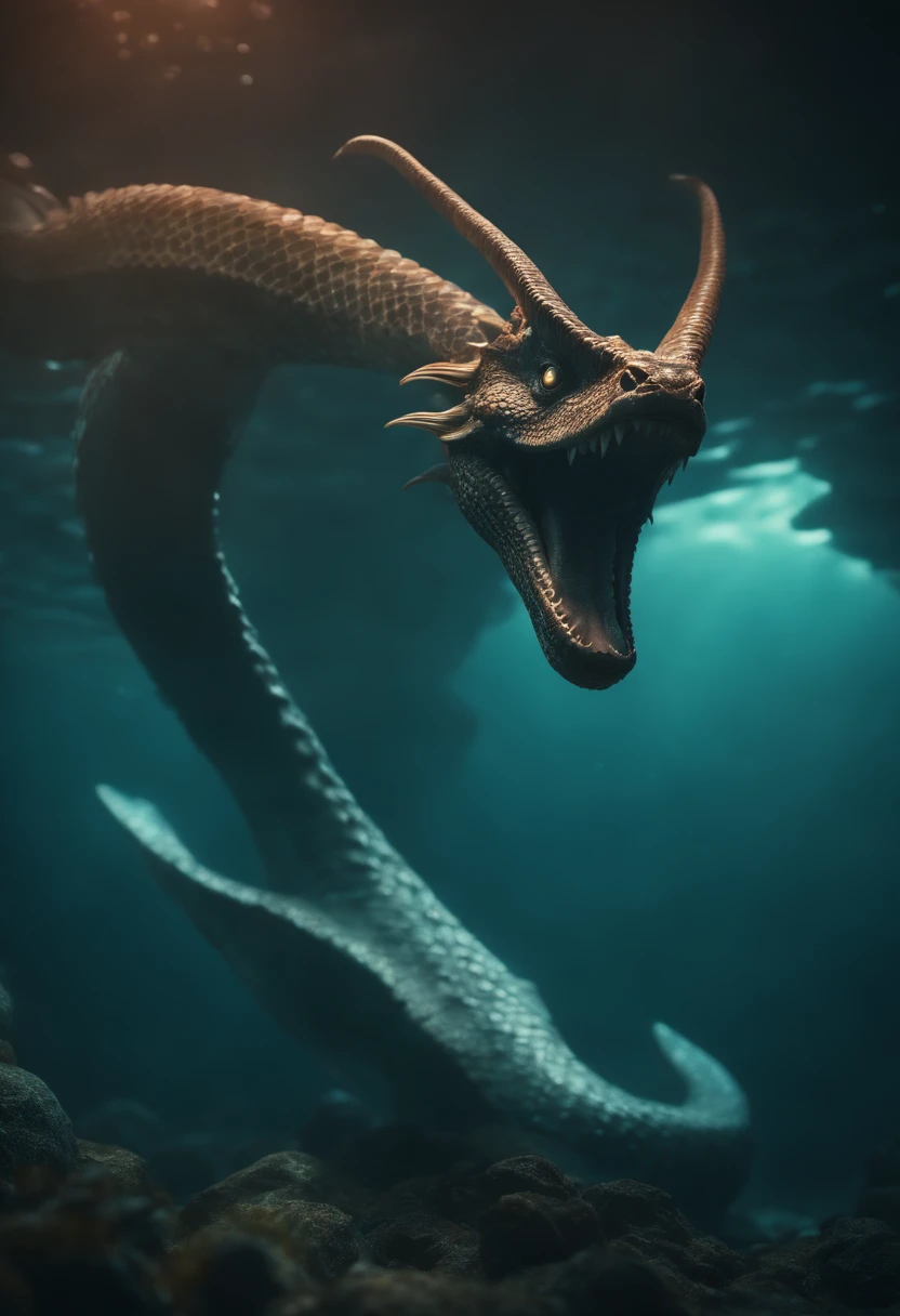 ((Norse Mythology sea serpent)), giant, long body, coral horns, shimmer scales, furious eyes, arise from the ocean abyss, bubble particle effect, cinematic lighting, Unreal Engine 5