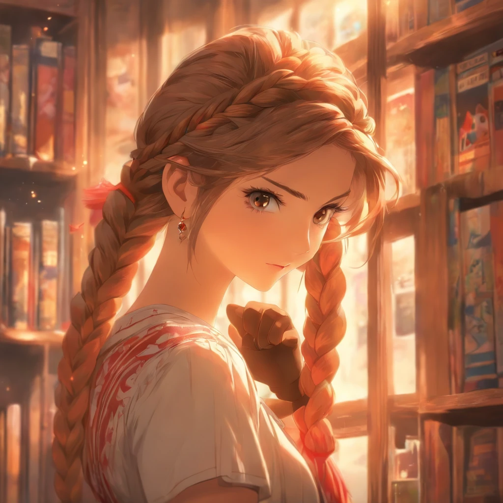 (masterpiece:1.3), (best quality:1.3),indoors,bookshelf,window,solo,1girl, reisalin_stout, upper body, standing,brown hair, brown eyes, solo, hairclip, earrings, jewelry, short_hair, white_headwear, hat, hair_ornament, brown_gloves, necklace, short_shorts, x hair ornament, red shorts, braid,