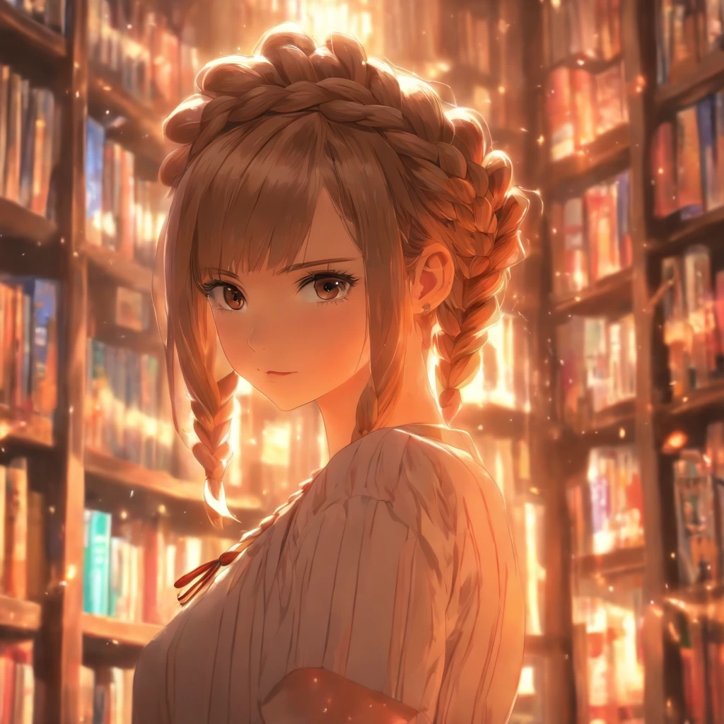 (masterpiece:1.3), (best quality:1.3),indoors,bookshelf,window,solo,1girl, reisalin_stout, upper body, standing,brown hair, brown eyes, solo, hairclip, earrings, jewelry, short_hair, white_headwear, hat, hair_ornament, brown_gloves, necklace, short_shorts, x hair ornament, red shorts, braid,