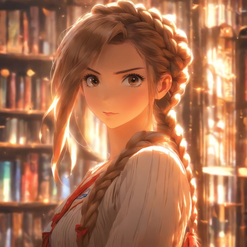 (masterpiece:1.3), (best quality:1.3),indoors,bookshelf,window,solo,1girl, reisalin_stout, upper body, standing,brown hair, brown eyes, solo, hairclip, earrings, jewelry, short_hair, white_headwear, hat, hair_ornament, brown_gloves, necklace, short_shorts, x hair ornament, red shorts, braid,