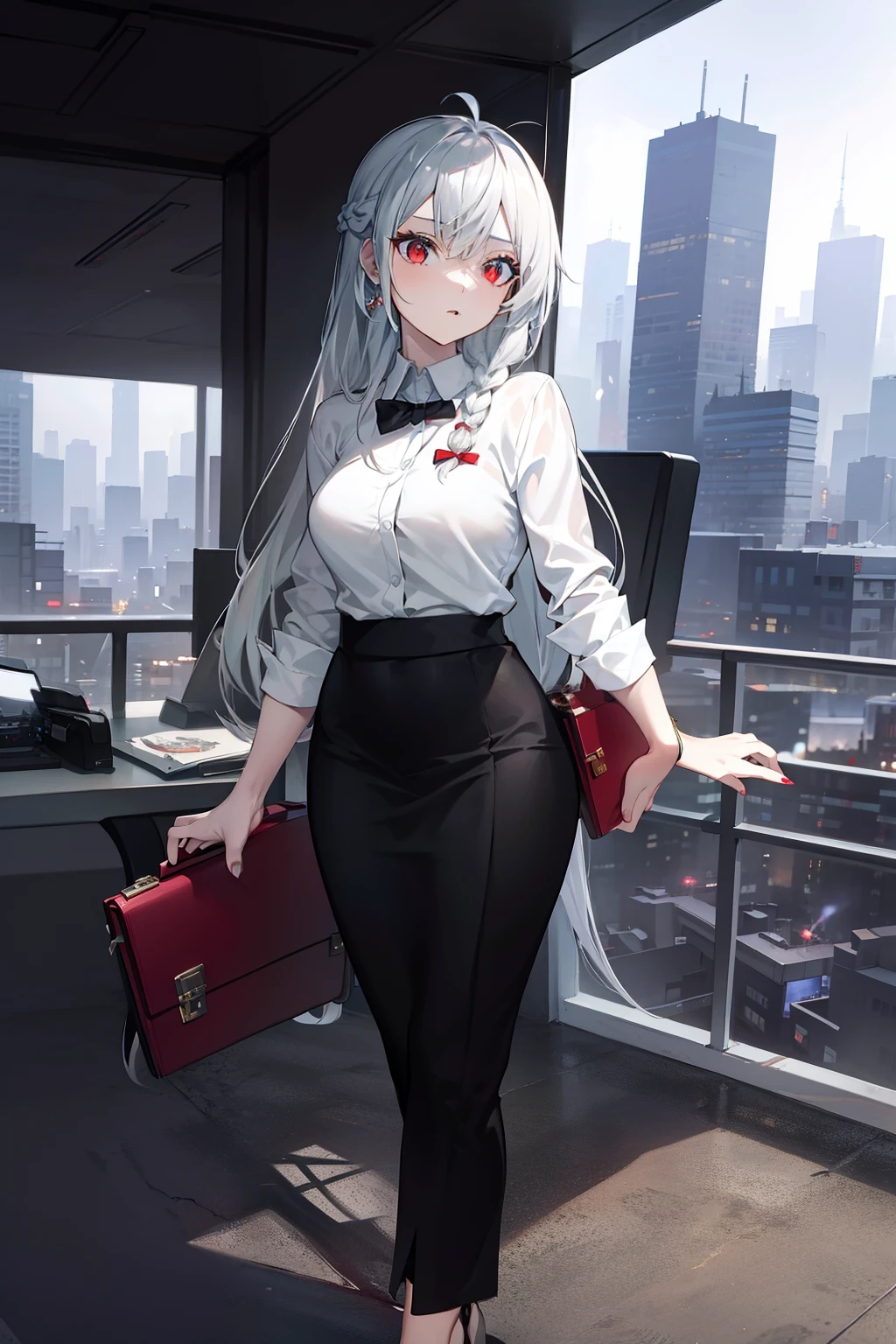 masterpiece, (bestquality), highlydetailed, ultra-detailed, elegant, confident, professional,1girl,bishoujo,stare,red eyes,beautiful detailed eyes,long hair,white hair,silver_hair,Wing-like bangs,Dull hair,ahoge,Hair rings,braid, cold,, (business attire), (high heels), (briefcase), (cityscape in background), bright lighting, strong rim light, (successful career), (powerful), (focused expression)