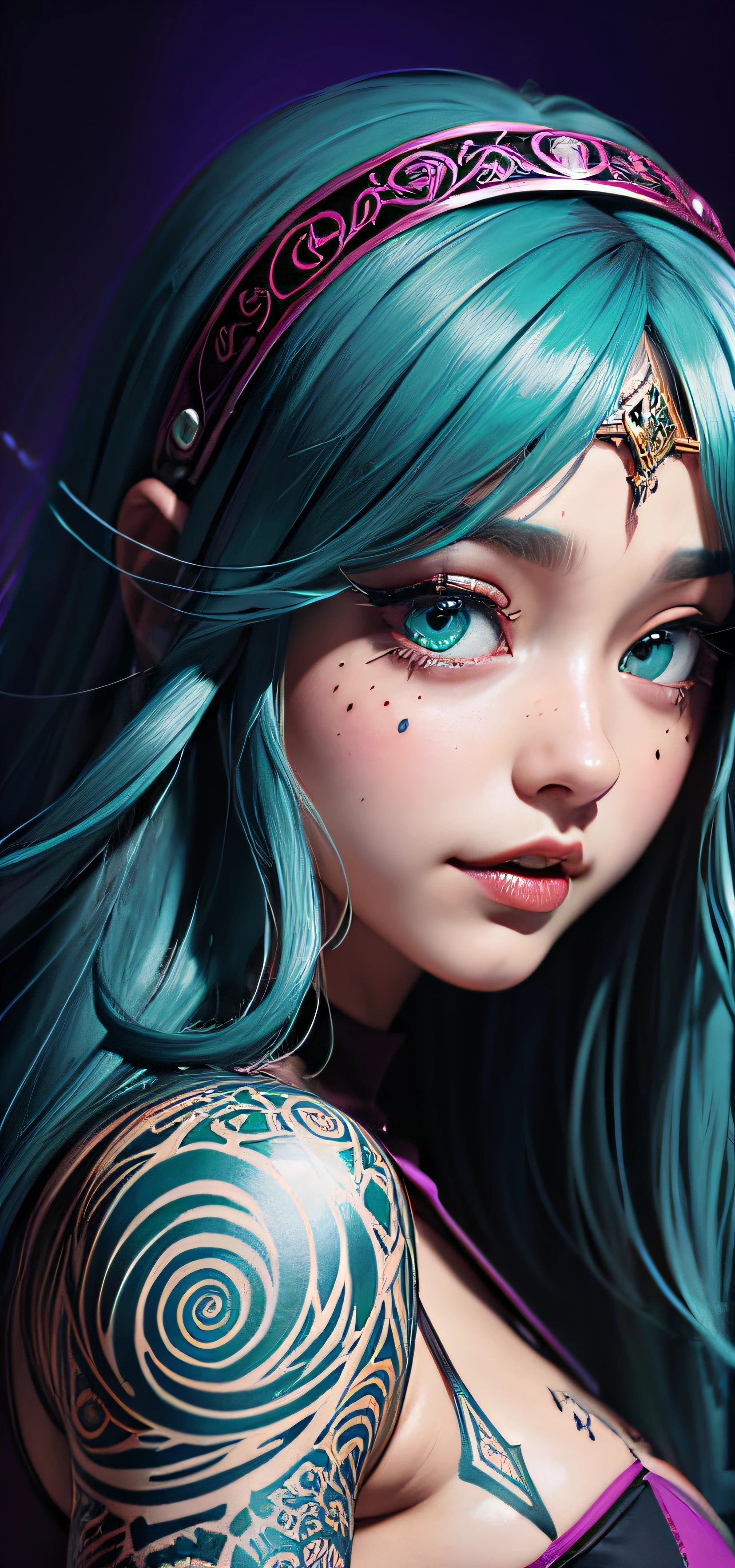 (masterpiece, best quality:1.2),ultra detailed, highest detailed, (zentangle:1.1), 1 girl, small head, SURREALISM, (inked original-art:1.2),(lineart:1.33),young, smiling,close-up,imposing-headgear,(hyperdefineed-art),aqua blue magenta tones,cartoon,fantasy aesthetic,complex lighting,(flat-colors),hatched-texture,(fine-details:1.2),absurdres,flat-colors,fullscreen,ultradetailed,limited-palette,onyx, full body whole body, surealism papercut back ground