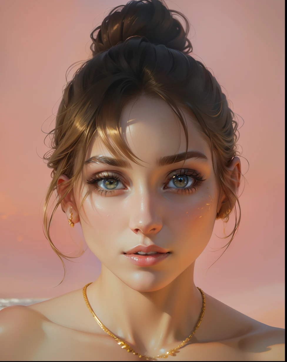 Create a women with beautiful detailed eyes and lips, flowing golden hair, wearing bikni, standing on a beach, big boobs, under the soft sunlight.
(best quality, ultra-detailed, realistic:1.37), (oil painting:1.1), vivid colors, fine brush strokes, warm color palette, gentle lighting.