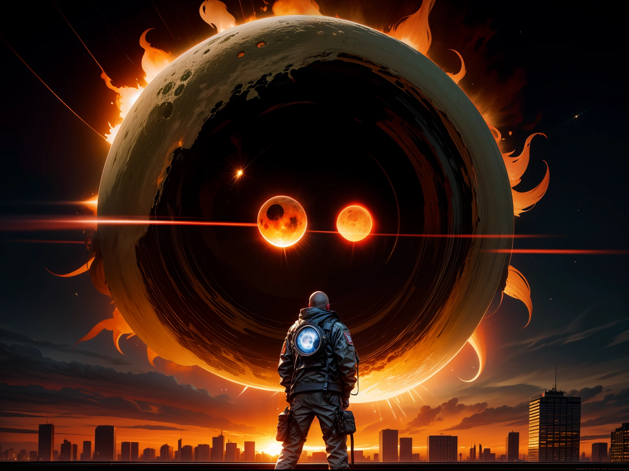 The exploding sun seen from planet earth, standing in the middle of the city a person is watching the explosion