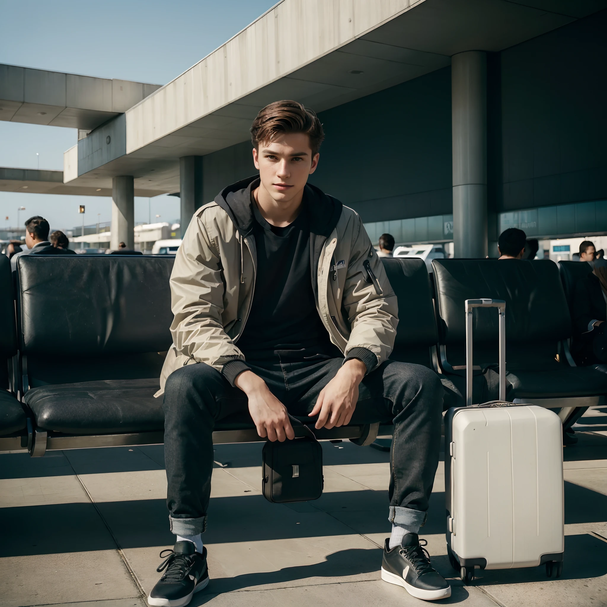 (Street photography:1.2), (film grain:1.4), (candid photograph:1.1), (young white man sitting at the airport with a suitcase next to him: 1.3), calm, (tom holland:0.5), (natural pose:1.1), bleak colours, colourful jacket, sunshine in his face, (wearing modern Japanese urban fashion:1.1), ( RF 24-70mm f/2.8L IS USM lens for versatile captures:1.2), (the play of light and shadow accentuating his form:1.1), (his confident expression accentuating the youthful urban fashion:1.1), (an image that captures the fusion of artistry, culture, and natural beauty:1.1)
