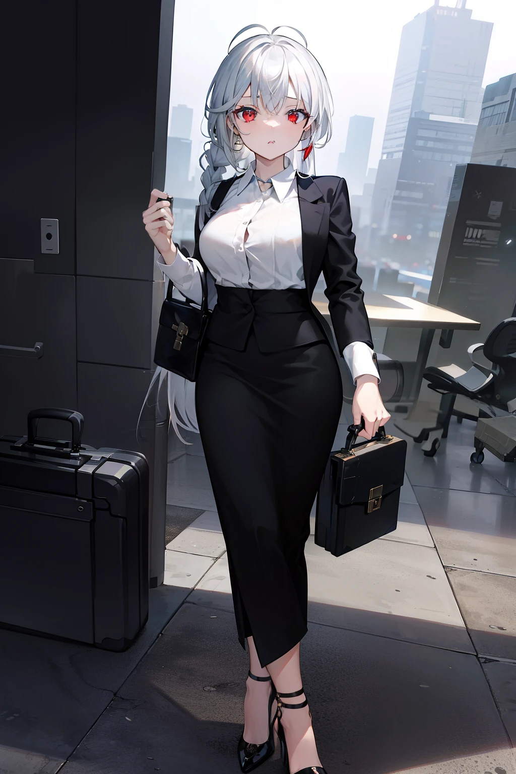 masterpiece, (bestquality), highlydetailed, ultra-detailed, elegant, confident, professional,1girl,bishoujo,stare,red eyes,beautiful detailed eyes,long hair,white hair,silver_hair,Wing-like bangs,Dull hair,ahoge,Hair rings,braid, cold,, (business attire), (high heels), (briefcase), (cityscape in background), bright lighting, strong rim light, (successful career), (powerful), (focused expression)