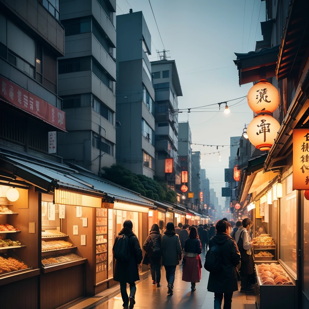 Create a captivating artwork depicting a densely populated urban scene in Japan. Imagine a bustling cityscape filled with towering skyscrapers, narrow streets packed with people, and vibrant neon signs illuminating the night. Showcase the energy and vibrancy of urban life in Japan, with a focus on capturing the diverse activities, from street food vendors to busy commuters. Convey the sense of constant motion and the unique blend of modernity and tradition that defines Japanese cities