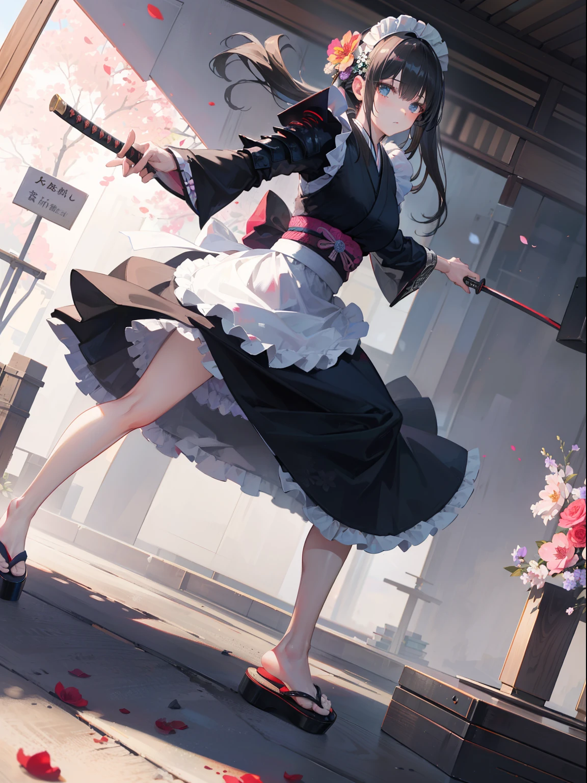 Best Quality, (Extremely detailed: 1.5), masutepiece, 超A high resolution,(photographrealistic:1.4), 1 beautiful girl, Cowboy Shot, (Wear battle armor:1.4), (Wear battle armor:1.6), (Floral part Terund black kimono:1.6), (maid:1.6), Black Maid Micro Skirt, holding a katana, Long straight hair, Hair over one eye,(Big eyes:1.1), Black hair, (Raw feet:1.3),Wind, Dynamic Angle, Dynamic Pose