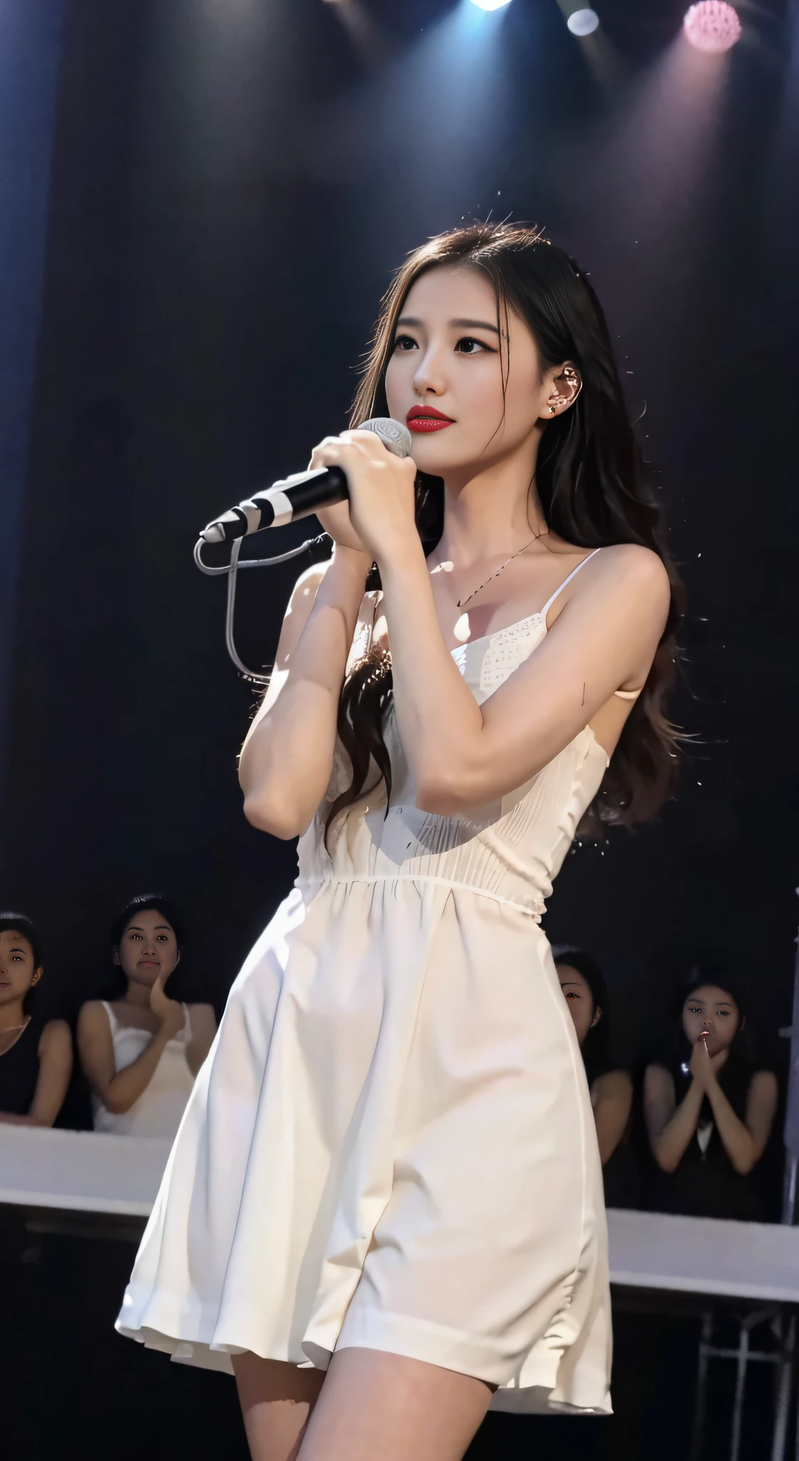 ，masutepiece, Best Quality，8K, 超A high resolution，Real Lights and Shadows，(beautidful eyes:1.1)， Beautuful Women，The stage lights instantly softened..，A curtain of rain fell from all directions，Like a drizzle in fairyland，Slowly cover the entire stage。The idol singer wore a white dress，It's like turning into a spirit in the rain。A drizzle dripped onto her skin，crystal-clear，Pearly brilliance。She looked up，close your eyes slightly，Feel the rain sliding down your face。

The music started slowly，She pursed her red lips，Like a thread blown in the wind，Have a gentle singing voice。accompaniment，Her dance steps are light。She danced her arms，Gentle as a feather，Blowing water mist into the air，Form unique dance patterns。Raindrops condensed into a beautiful arc along her figure，It's like an ordinary star，Decorate the entire picturesque stage。

Her singing and dancing seem to melt into the rain，Draw the audience into the realm of beauty。Every dance brings breathtaking beauty，Every note is a person々Evokes the softest emotions in the mind of。The audience listened quietly，It's like being in a magical wonderland，Infected by her performance、shock，slowly。Holding the microphone in her hand、A smile。