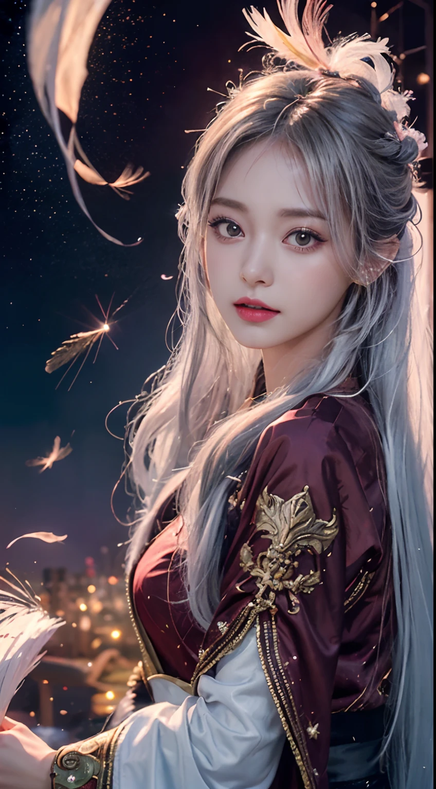 NSFW:1.5,Masterpiece, Best quality, 1girls, (Colorful),(delicate eyes and face), volumatic light, Ray tracing, Bust Up Shot ,Passing the eyes of God，Slender legs，Barefoot，Extremely detailed CG unity 8k wallpaper,独奏,Make a smile,((flying petal)),(Flowery meadow) Sky, cloudy day_Sky,moonbeams, Moon, night, (Dark theme:1.3), Light, fantasy, aeolian, magic sparks, dark castle,White hair,God's perspective