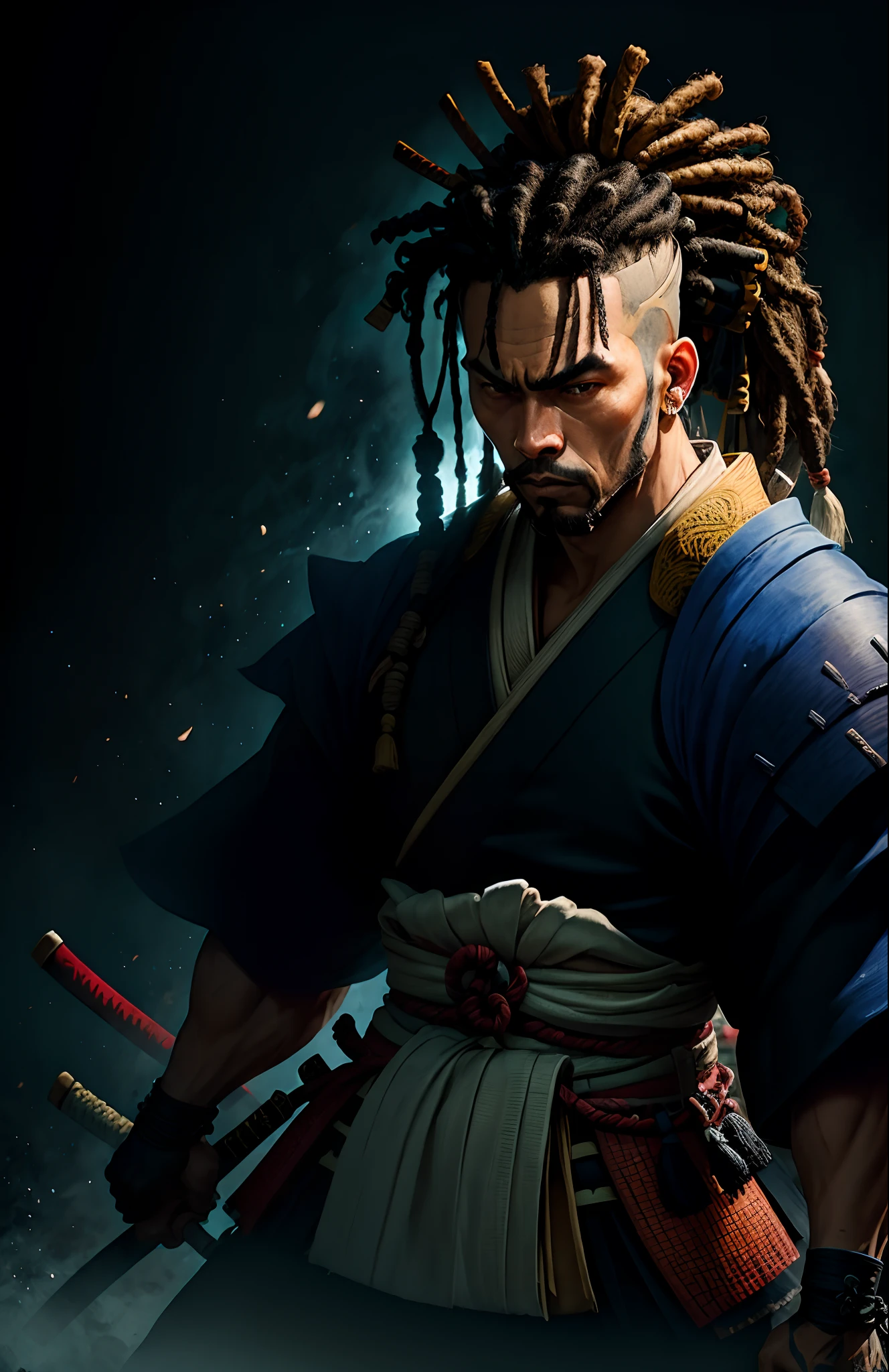 samurai negro dreads branco 2 espadas