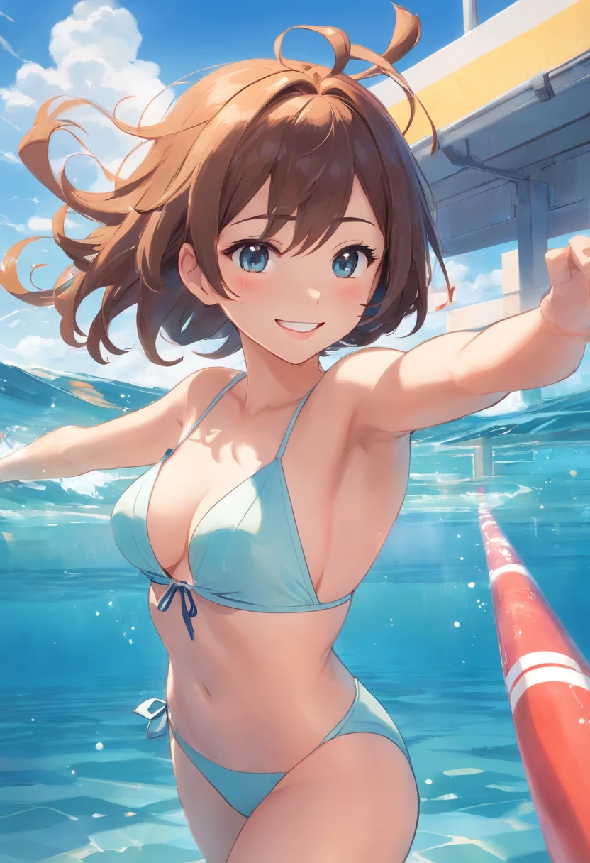 realistically、、Big breasts, cleavage, Wearing off-white competition swimsuit、Smile、Boolean bottom swimming、Sexy pose