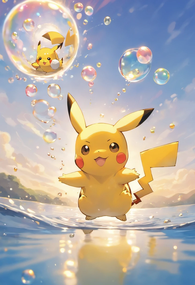 A touching scene in ultra-high definition 3D showcasing Pikachu making a wish beside a tranquil lake. Pikachu, beautifully rendered in detail, is seen gently blowing bubbles into the air, each one carrying a hopeful wish. The bubbles catch the reflection of the setting sun, creating a dreamy, magical effect. The overall atmosphere is tender, filled with hope and serenity