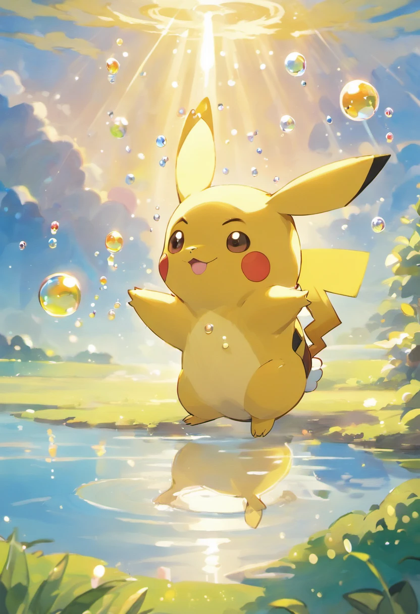 A touching scene in ultra-high definition 3D showcasing Pikachu making a wish beside a tranquil lake. Pikachu, beautifully rendered in detail, is seen gently blowing bubbles into the air, each one carrying a hopeful wish. The bubbles catch the reflection of the setting sun, creating a dreamy, magical effect. The overall atmosphere is tender, filled with hope and serenity
