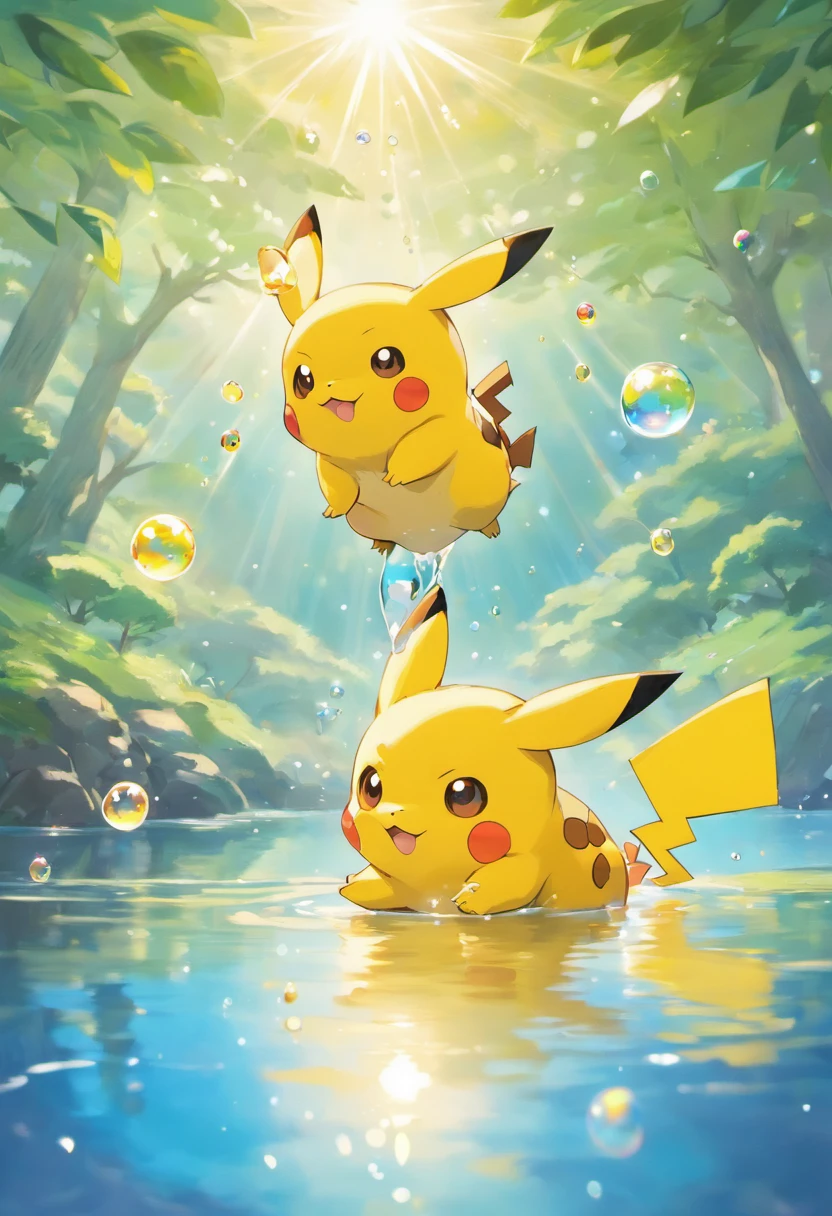 A touching scene in ultra-high definition 3D showcasing Pikachu making a wish beside a tranquil lake. Pikachu, beautifully rendered in detail, is seen gently blowing bubbles into the air, each one carrying a hopeful wish. The bubbles catch the reflection of the setting sun, creating a dreamy, magical effect. The overall atmosphere is tender, filled with hope and serenity