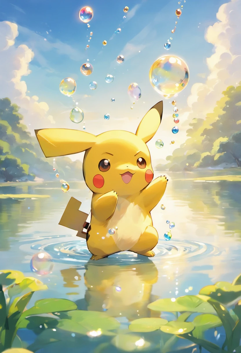 A touching scene in ultra-high definition 3D showcasing Pikachu making a wish beside a tranquil lake. Pikachu, beautifully rendered in detail, is seen gently blowing bubbles into the air, each one carrying a hopeful wish. The bubbles catch the reflection of the setting sun, creating a dreamy, magical effect. The overall atmosphere is tender, filled with hope and serenity