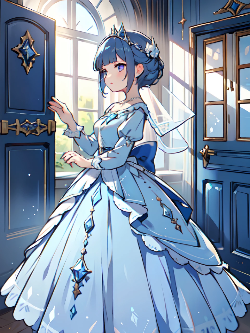 Woman in blue dress standing in front of door, magical dress, Icy Blue Dress, soft elegant gown, fantasy dress, ethereal fairy tale, Elegant dress, victorian blue dress, wearing an evening gown, very magical and dreamy, Long Blue Dress, wearing long gown, astral dress, romantic dress, wearing organza gown, sky - blue dress, a blue dress, Blunt bangs, Dark blue hair, Purple eyes