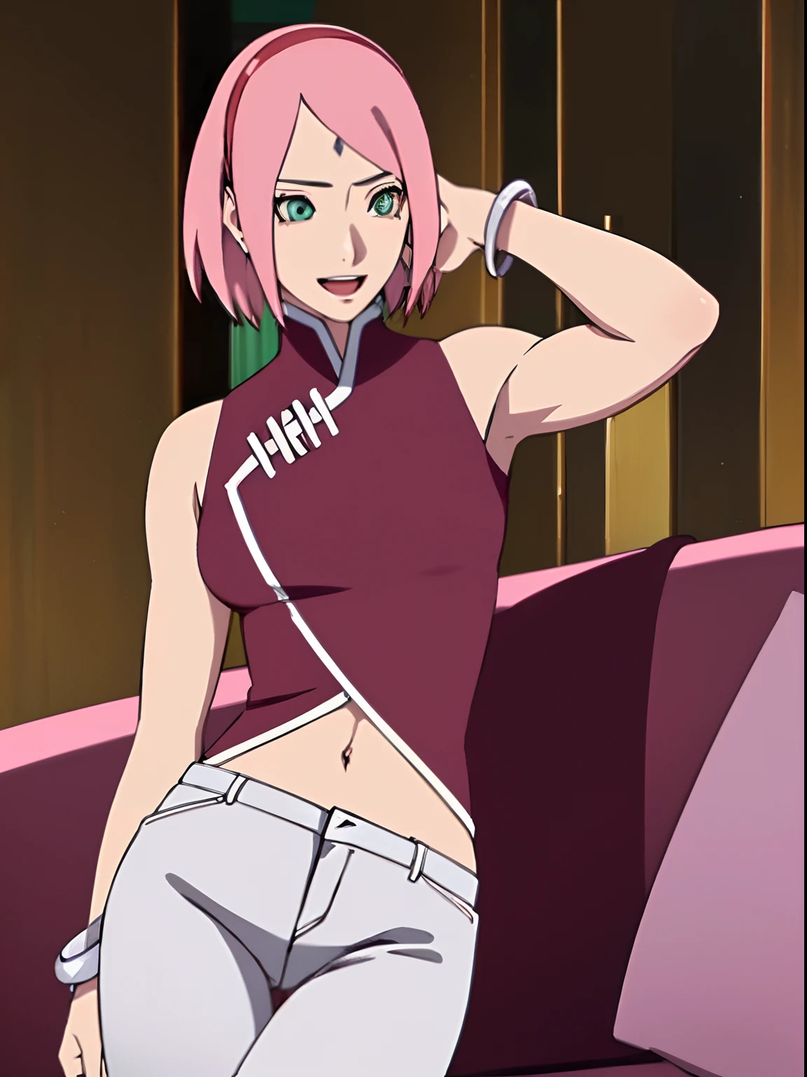 masterpiece, 4k, portrait, cowboy shot, (night), professional artwork, intricate details, colorful, digital blending, (ultra detailed body, ultra detail hair, ultra detail face), trending on pixiv, kind smile, best quality, anime style: 1.9, 1girl, hires, haruno sakura, (forehead mark, milf, red hairband, pale skin, (small breasts), short hair, ((red sleeveless dress,), white pants), (navel, belly button, slender body, slender belly, bracelet, pink hair, (open mouth), big eyes), smile, beach, wind, floating hair, detailed arms, off-shoulders, broad shoulders, (slightly muscular arms, slightly strong biceps), armpit on couch, rips, , fancy couch, relaxing, (hand leaning on couch, laying, talking, looking at the viewer, showing armpit, (talking while showing armpits))
