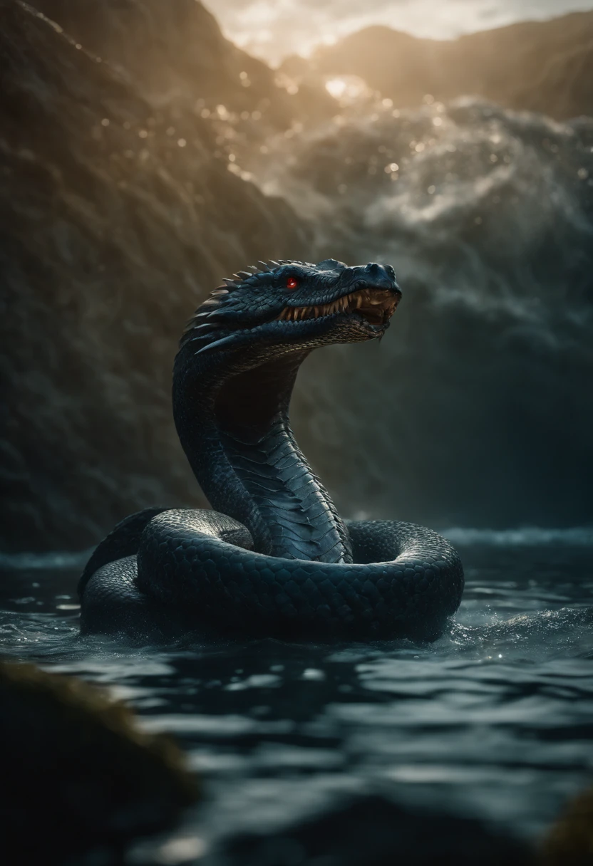 ((Norse mythology sea serpent)), Giant, Long body, Cape Coral, Shimmering scales, Angry eyes, Rise from the ocean abyss, Bubble particle effect, Cinematic lighting, Unreal Engine 5
