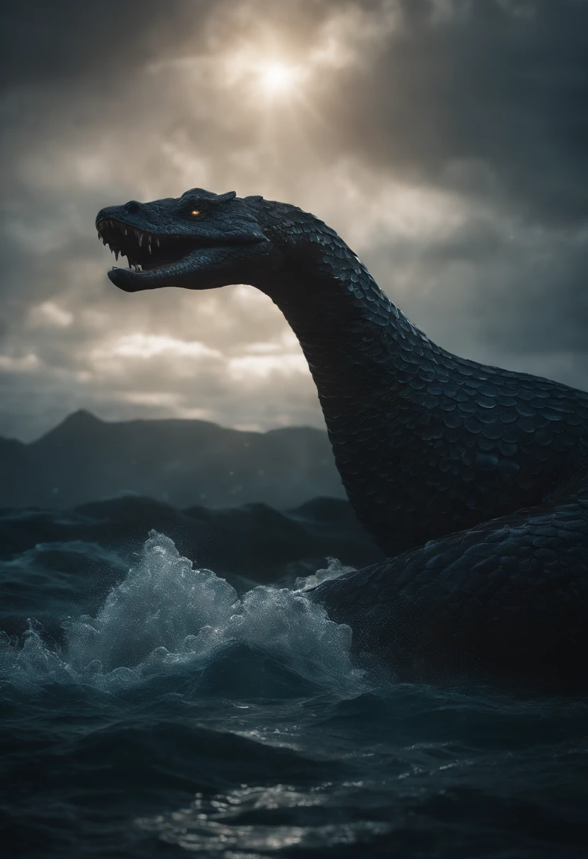 ((Norse mythology sea serpent)), Giant, Long body, Cape Coral, Shimmering scales, Angry eyes, Rise from the ocean abyss, Bubble particle effect, Cinematic lighting, Unreal Engine 5
