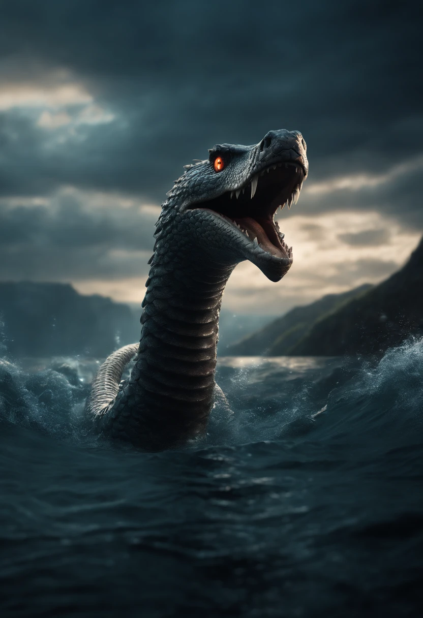 ((Norse mythology sea serpent)), Giant, Long body, Cape Coral, Shimmering scales, Angry eyes, Rise from the ocean abyss, Bubble particle effect, Cinematic lighting, Unreal Engine 5