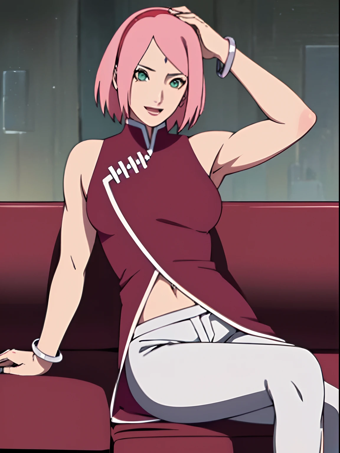 masterpiece, 4k, portrait, cowboy shot, (night), professional artwork, intricate details, colorful, digital blending, (ultra detailed body, ultra detail hair, ultra detail face), trending on pixiv, kind smile, best quality, anime style: 1.9, 1girl, hires, haruno sakura, (forehead mark, milf, red hairband, pale skin, (small breasts), short hair, ((red sleeveless dress,), white pants), (navel, belly button, slender body, slender belly, bracelet, pink hair, (open mouth), big eyes), smile, beach, wind, floating hair, detailed arms, off-shoulders, broad shoulders, (slightly muscular arms, slightly strong biceps), armpit on couch, rips, , fancy couch, relaxing, (hand leaning on couch, laying, talking, looking at the viewer, showing armpit, (talking while showing armpits))
