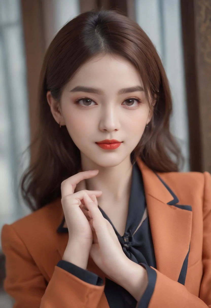 ((Best quality, 8K, Masterpiece: 1.3)), a beauti, In addition, Melon face, Friendly and lovely, Sweet smile, Pure desire, Slender body, (s whole body), (Tilted head), ((looking at the camera in)), Medium black silky loose waves,, Long flowing shoulders, round black big eyes, Clear big eyes, Moist red lips, Coffee shop background, ((Full body shooting)), (Dark orange blazer, the bow, sockes, High school uniform: 1.2, ), (Middle breast),(Coquettish|Hot|wave|Coquettish|Hot,expressioness),Hot and lovely woman,