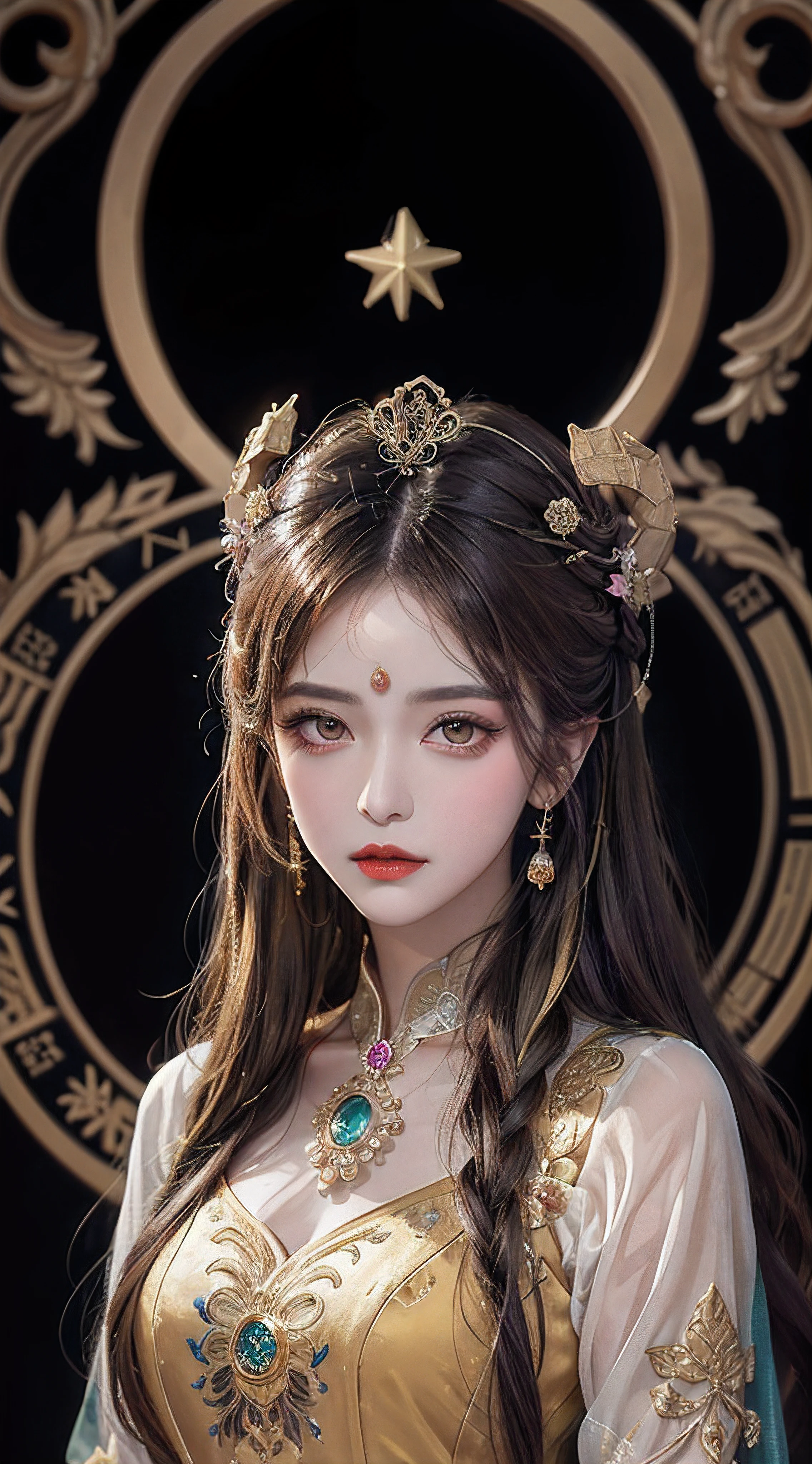 1 27-year-old girl, 1 zodiac goddess from the future, goddess of the pink and purple 12 zodiacs, the goddess of the zodiac in a yellow ao dai, a 12 zodiac ao dai with many black lace detail, mythology Goddess of the 12 zodiacs from the future, zodiac ♏, luxurious glittering zodiac style, dark and mysterious version, zodiac crown, lipstick lips red, thin and beautiful lips, Smile makes viewers fall in love, characters made by karol bak and pino daeni, intricate detail, detailed background, extremely detailed, light magic, a woman, clear face, look at the face of goddess zodialook at the zodiac goddess face, hair long with bangs, beautiful face in detail and well-proportioned eyes, (transparent yellow eyes: 1.8), big round eyes and very beautiful and detailed makeup, foresight, silk dress, mysterious makeup, double bangs and dyed light blonde, uper body, zodiac goddess uper body, arms hanging loosely, Realistic and vivid photo, (stars make up the zodiac: 1.7), (sky background zodiac and fictitious space and time portal: 1.8), fiction art, RAW photo, hanfu picture, best photo, best photo quality, 8k quality, 8k ultra, super realistic, real photo most economical, artistic portrait of goddess zodiac,
