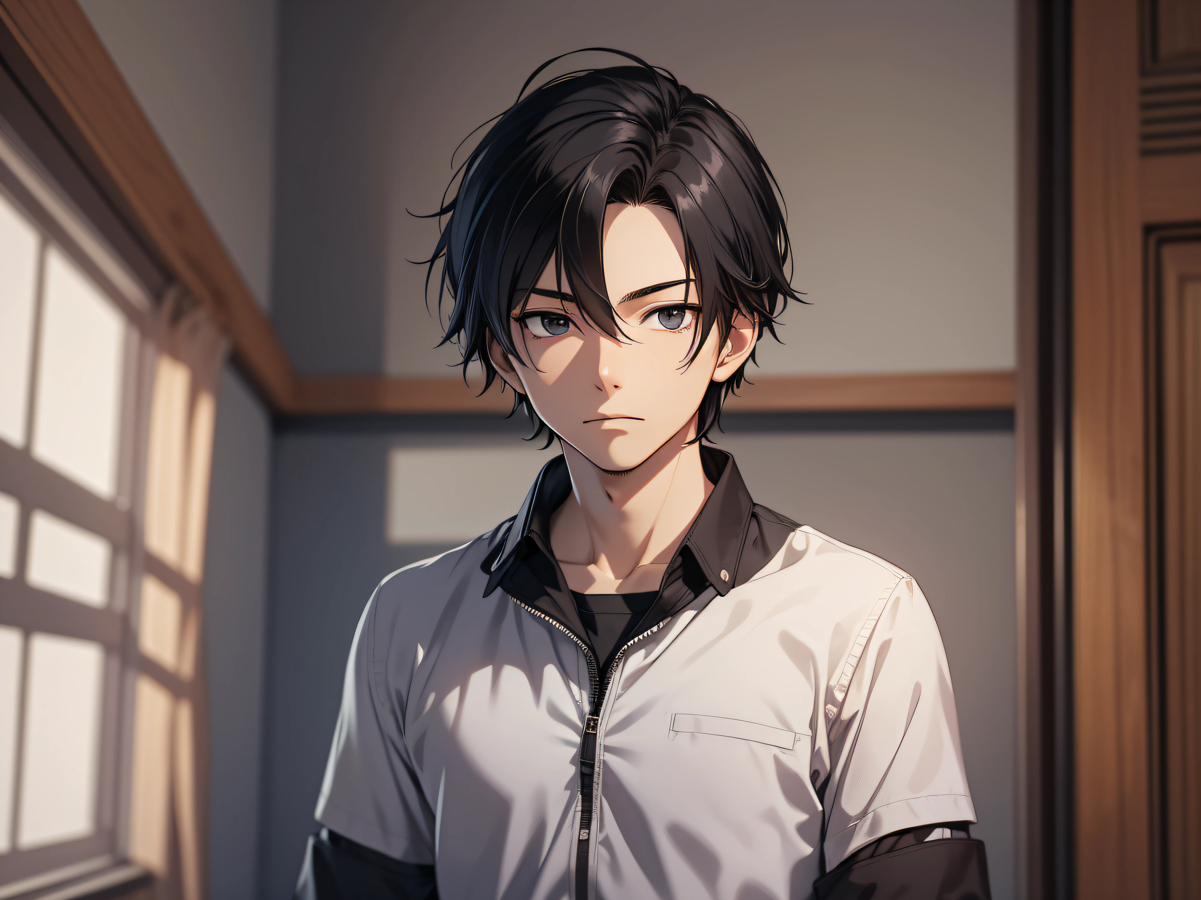 masutepiece, High quality, Best Quality, hard disk, Realistic, Perfect Lighting, Detailed face, male people,24 year old, Detailed body, 1 man, Short black hair, (Innocent expression: 1.5) (Innocent face: 1.5), Stand in your room while sleeping,excited、I'm