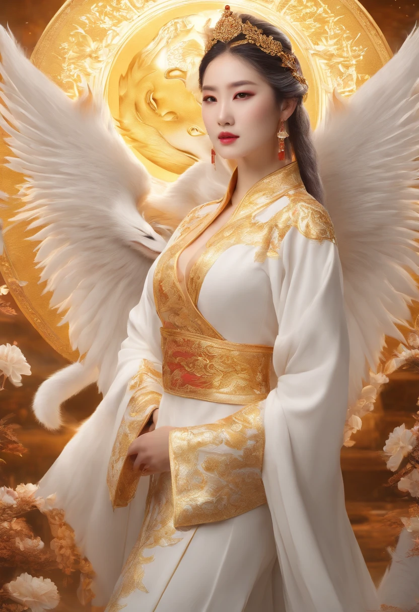White nine-tailed fox　frontage　Chinese big breasts　Divine Beast　rot　Golden 8k Godlike