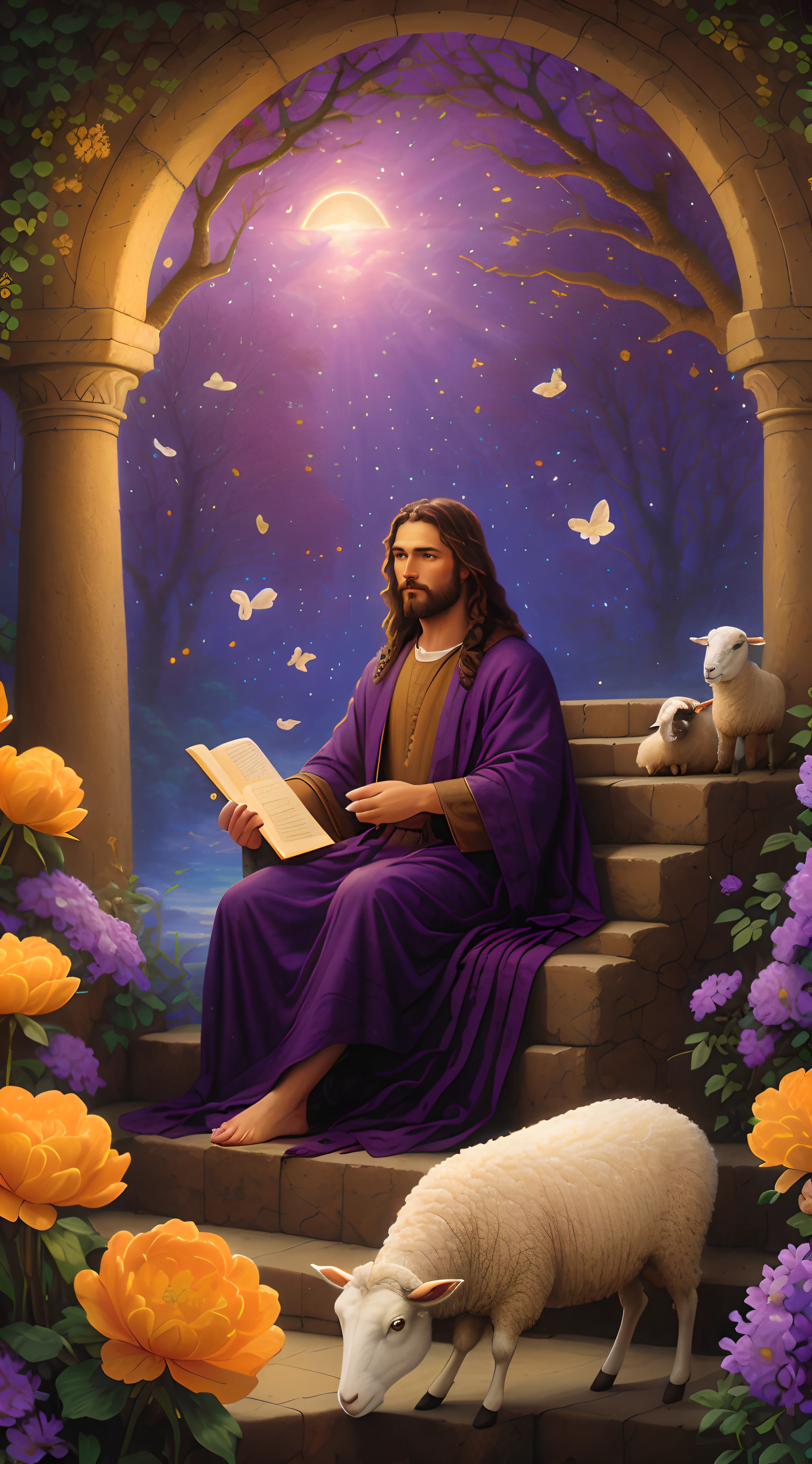 jesus sitting on steps with sheep and flowers in front of him, greg olsen, his mind contemplating eternity, darrell k sweet, bible illustration, christian art, jesus christ, jon mcnaughton, sat in his throne, young almighty god, tim hildebrant, religious imagery, contest winning masterpiece, catholic religious art, heaven on earth, ( ( thomas kinkade ) )