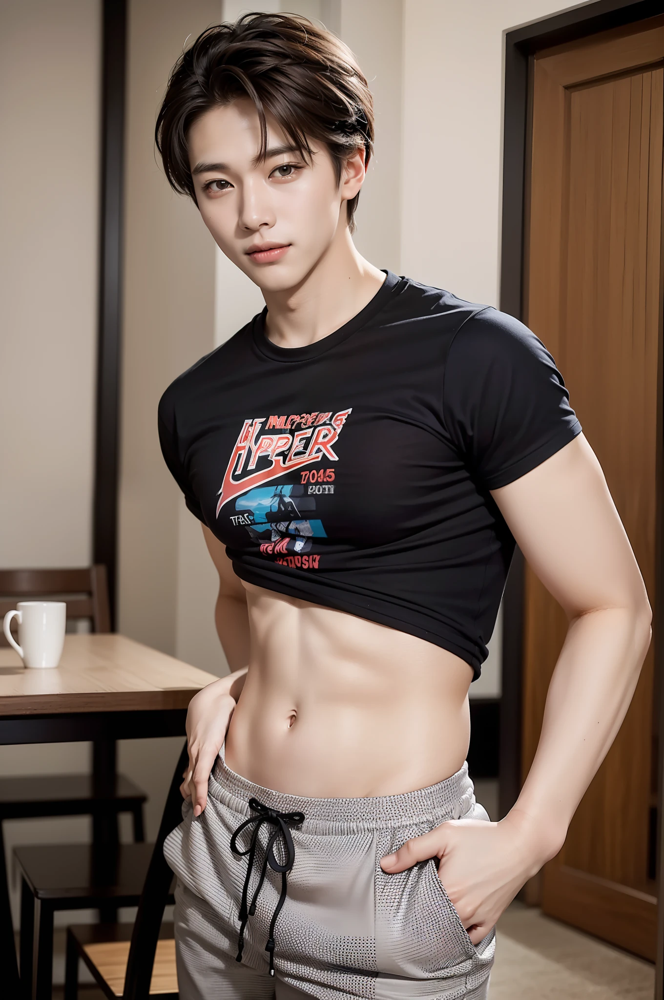 full body, 1 person, 18 year old, muscular man, korean, topless, wearing leopard print thong, sexy, soft light, Masterpiece, best quality, photo realistic, bathroom.