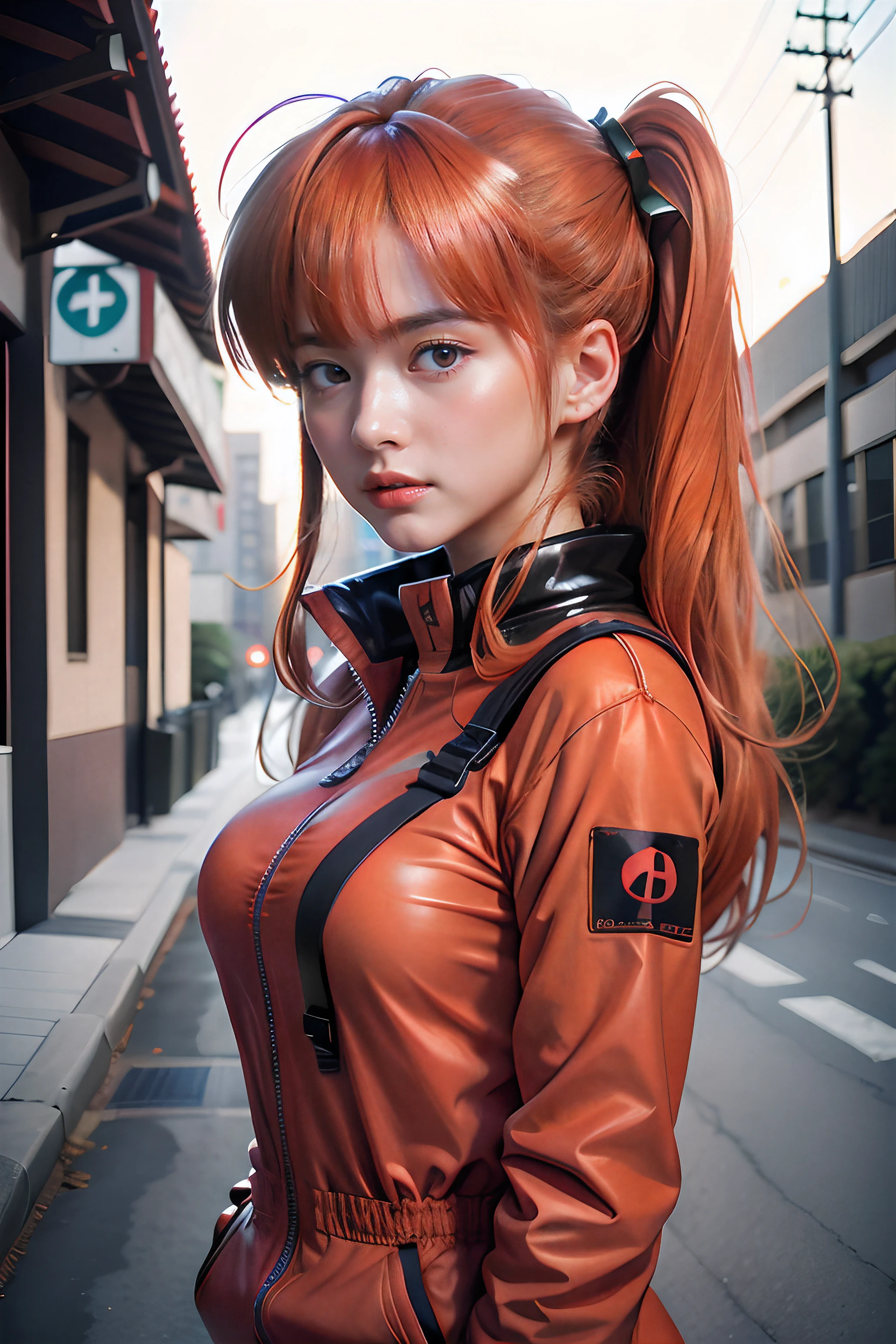 8k, RAW photo, portrait, best quality, ultra high res, photorealistic, intricate details, candid photography, Asuka Langley Soryu from Neon Genesis Evangelion,